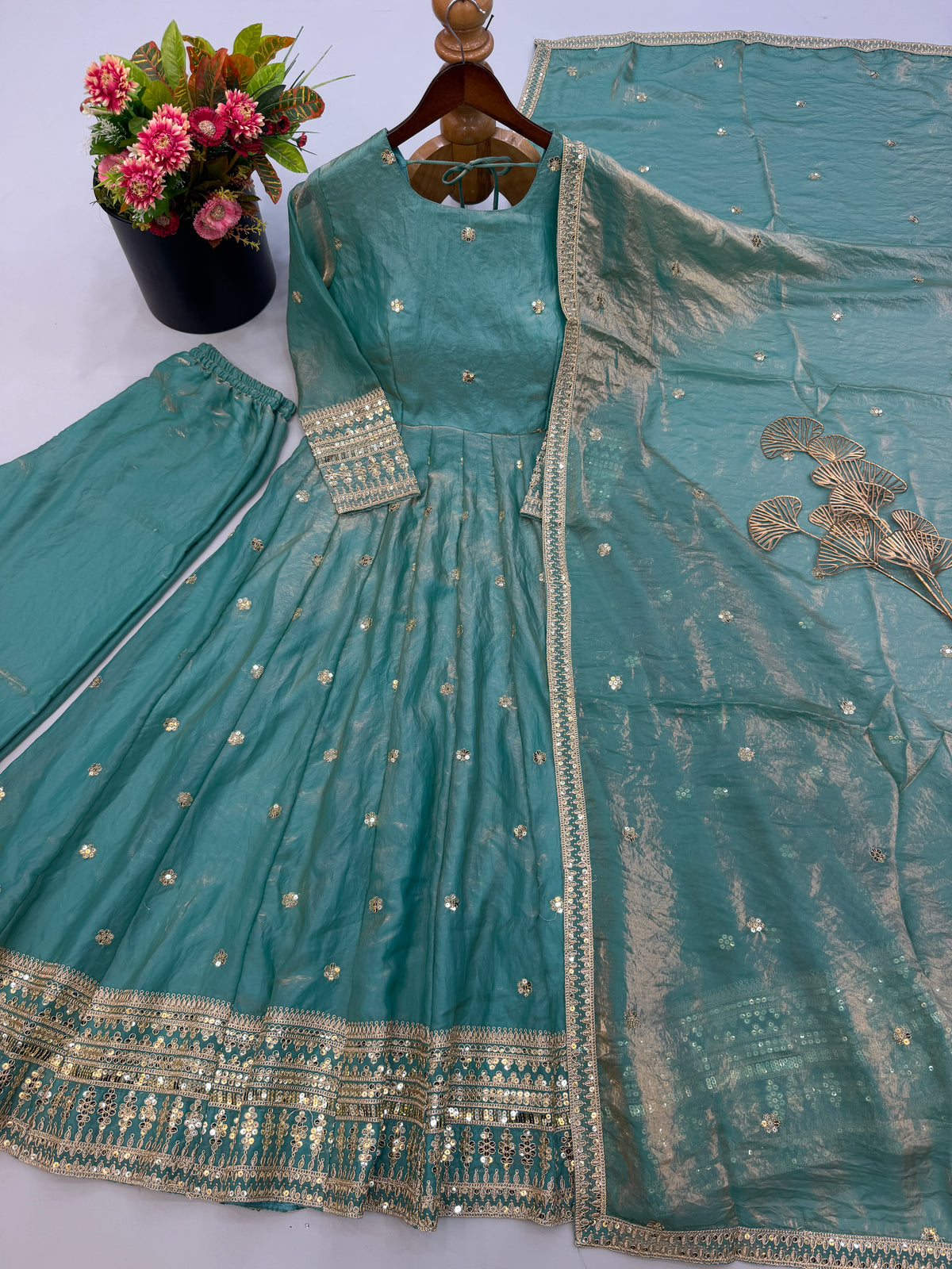 Sea Green Heavy Fendy Silk Embroidered Anarkali Gown Set with Dupatta