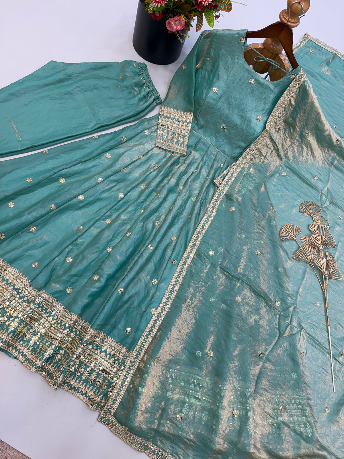 Sea Green Heavy Fendy Silk Embroidered Anarkali Gown Set with Dupatta
