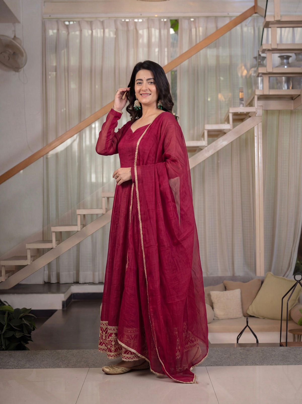 Wine Red Heavy Crunchy Silk Embroidered Anarkali Suit Set with Dupatta