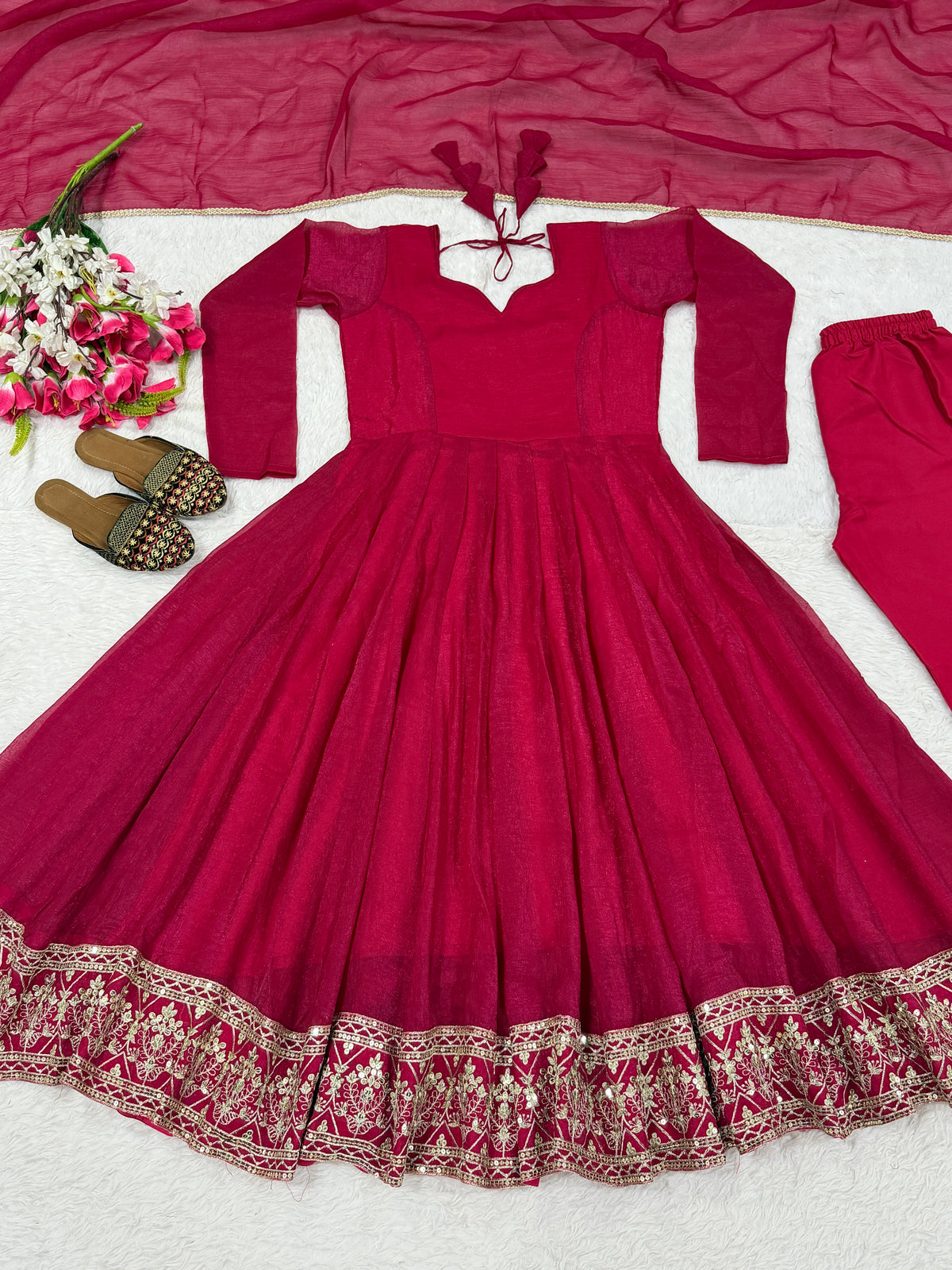 Wine Red Heavy Crunchy Silk Embroidered Anarkali Suit Set with Dupatta