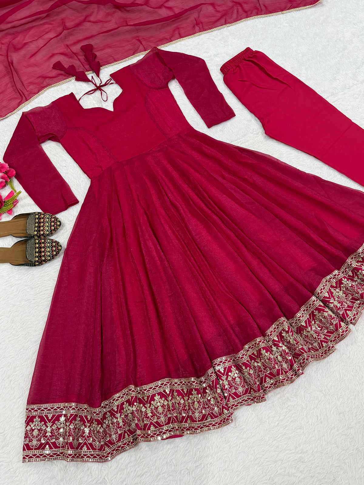 Wine Red Heavy Crunchy Silk Embroidered Anarkali Suit Set with Dupatta