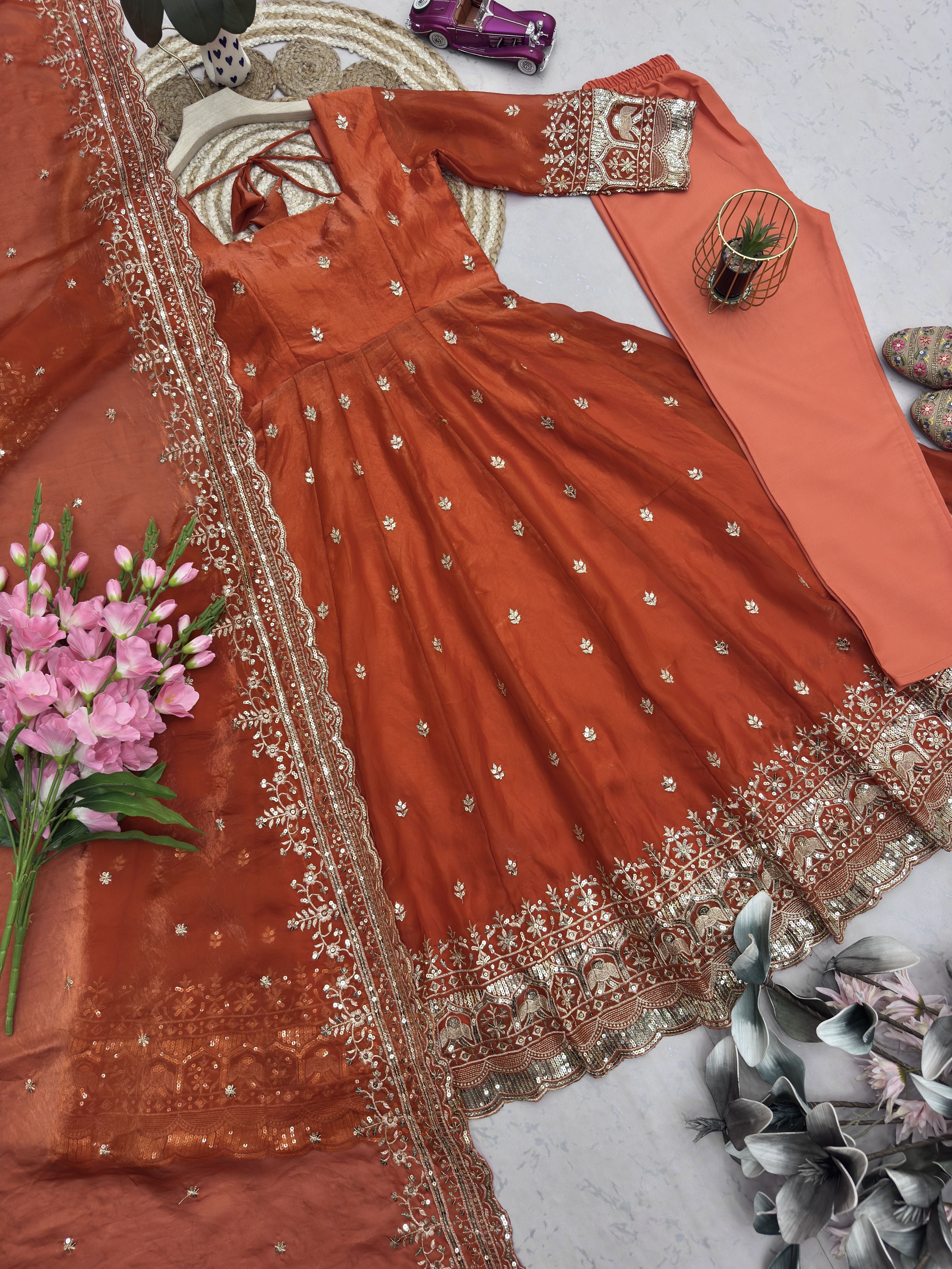 Rust Orange Fandy Silk Embroidered Anarkali Gown Set with Sequins Work