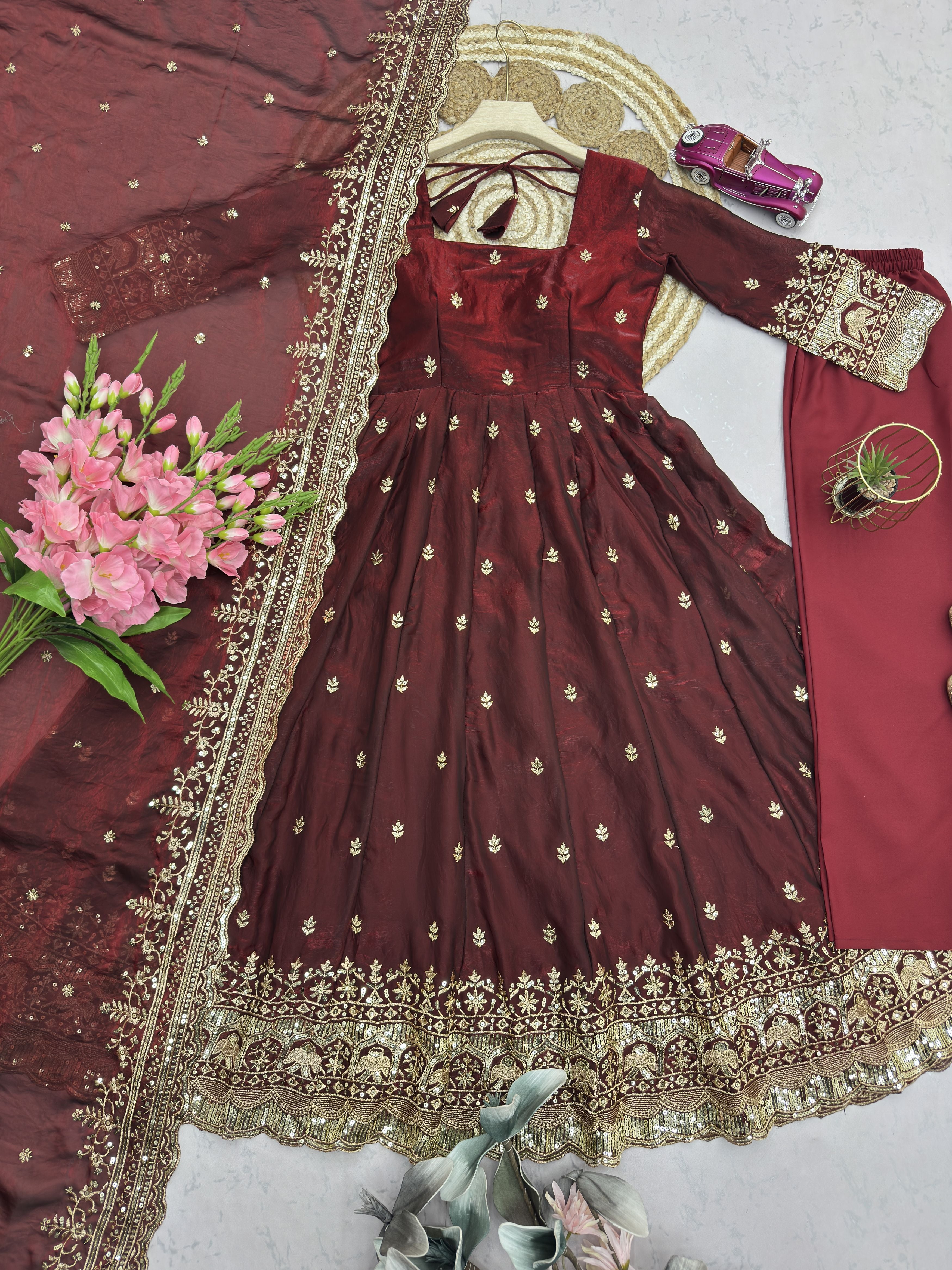Wine Burgundy Fandy Silk Embroidered Anarkali Gown Set with Sequins Work