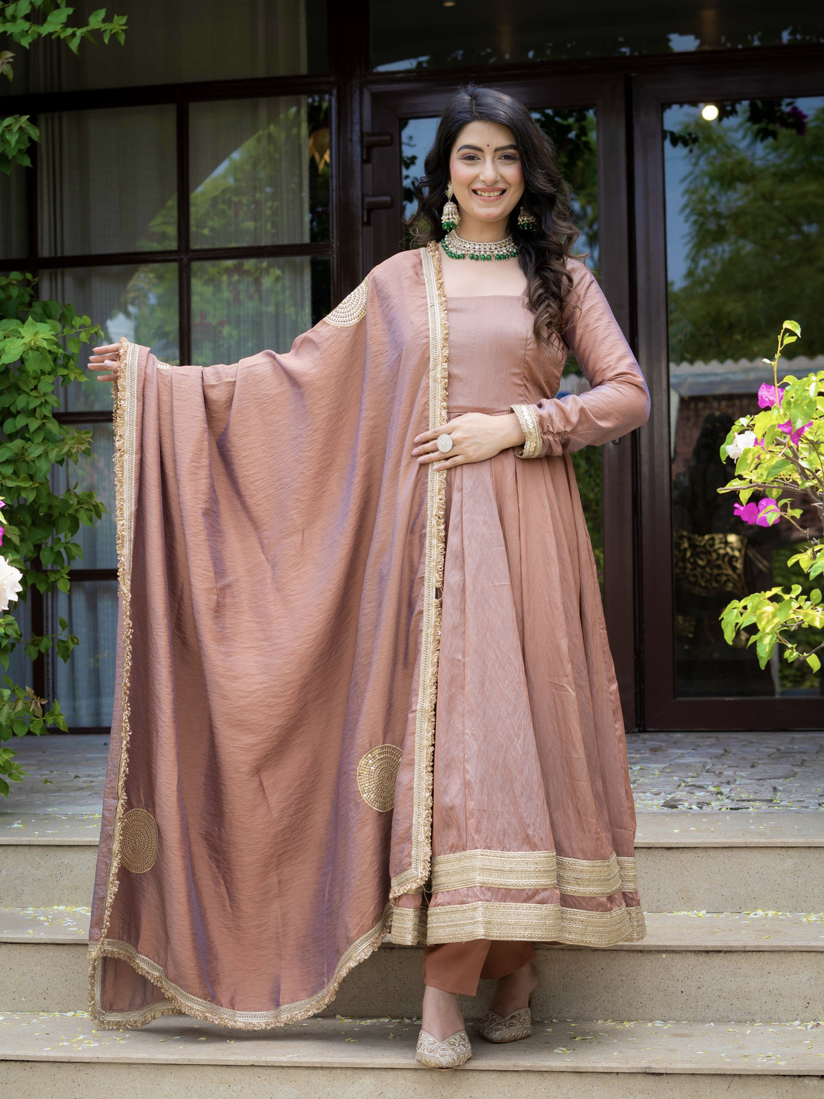 Mocha Brown Heavy Vichitra Silk Anarkali Suit Set with Embroidered Dupatta