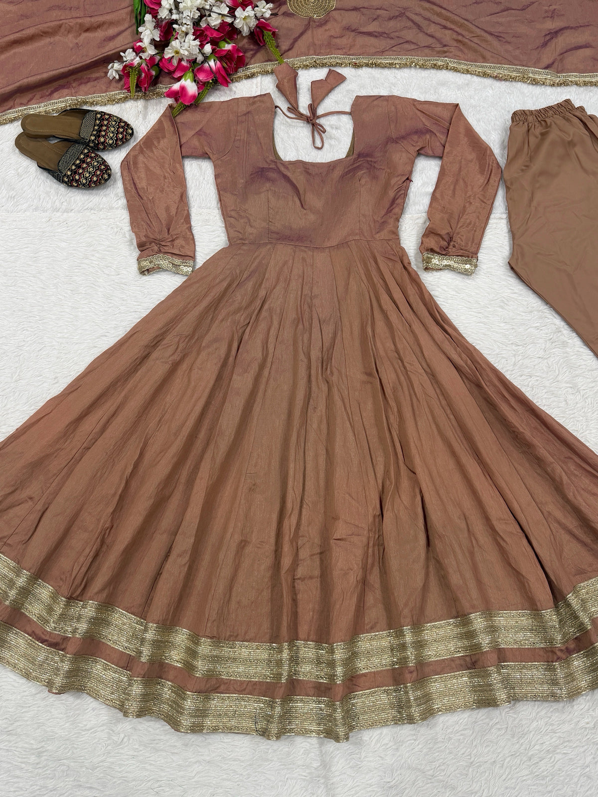 Mocha Brown Heavy Vichitra Silk Anarkali Suit Set with Embroidered Dupatta
