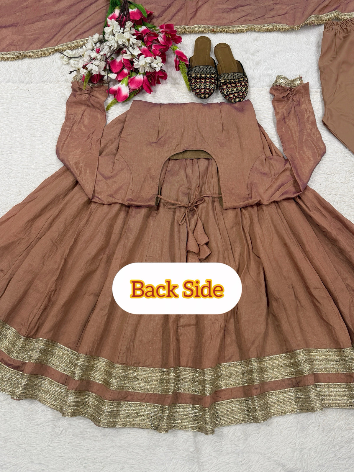 Mocha Brown Heavy Vichitra Silk Anarkali Suit Set with Embroidered Dupatta