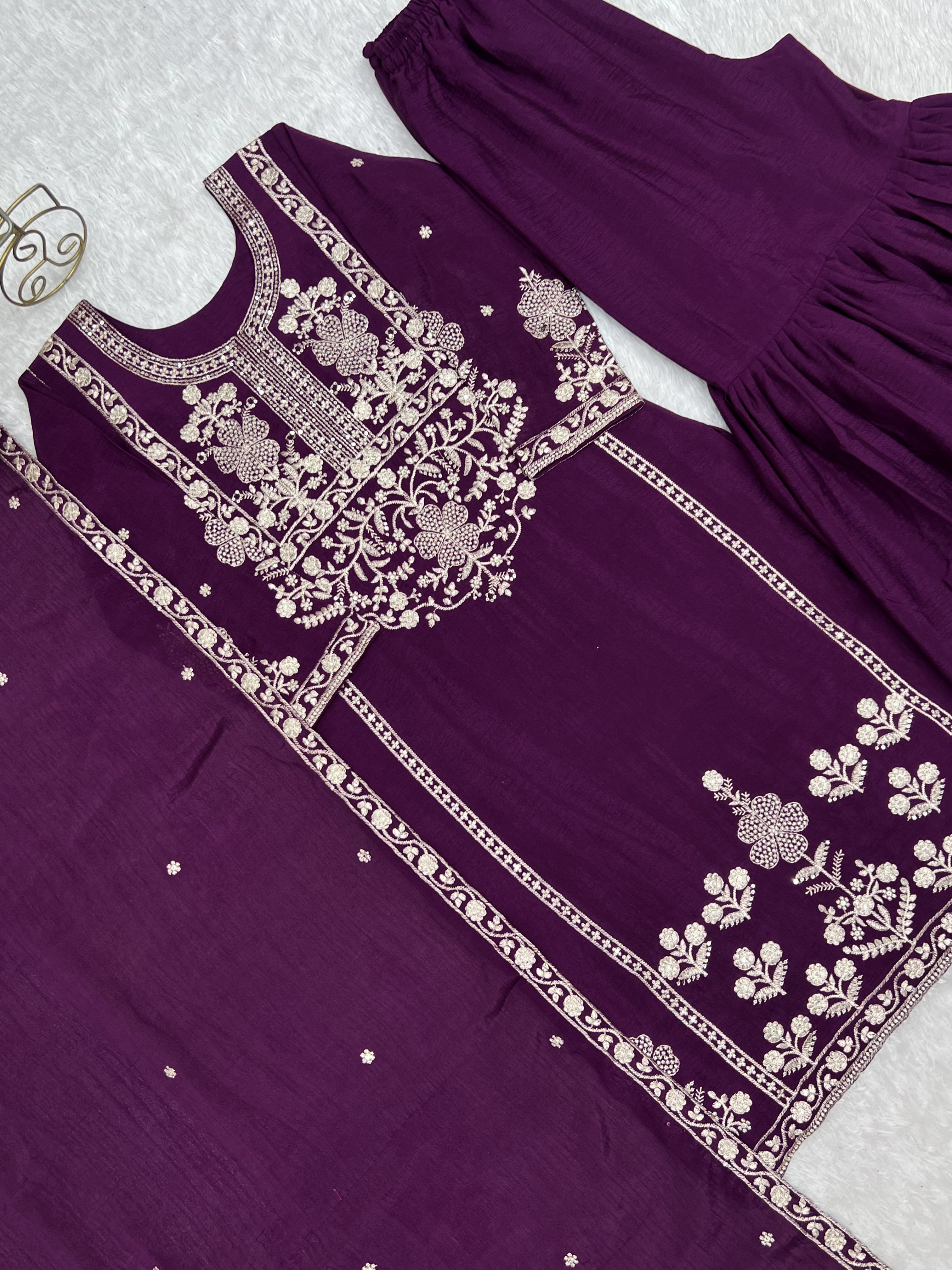Pure Chinnon Silk Embroidered Sharara Set with Dupatta for Women | Nardev Fashion