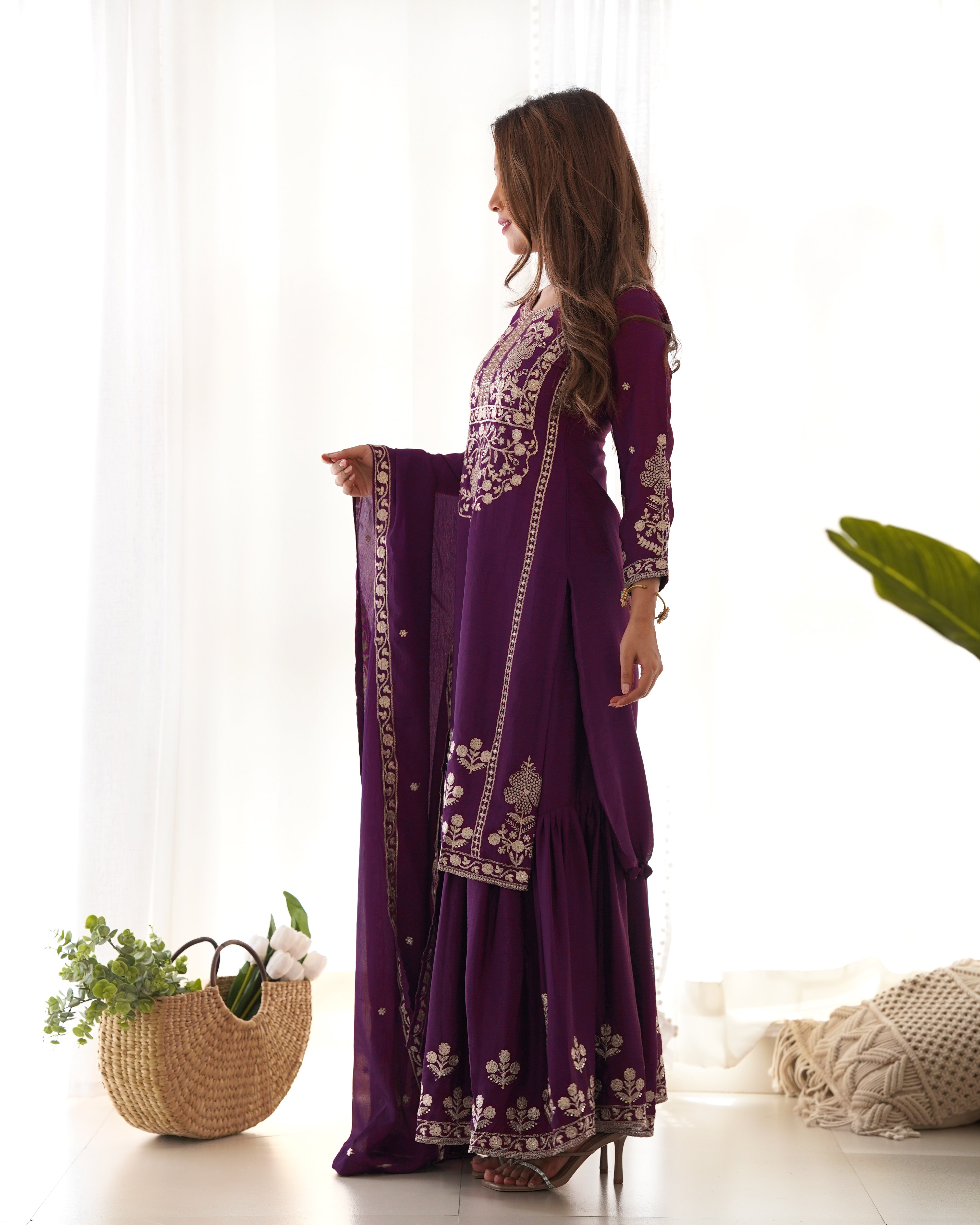 Pure Chinnon Silk Embroidered Sharara Set with Dupatta for Women | Nardev Fashion
