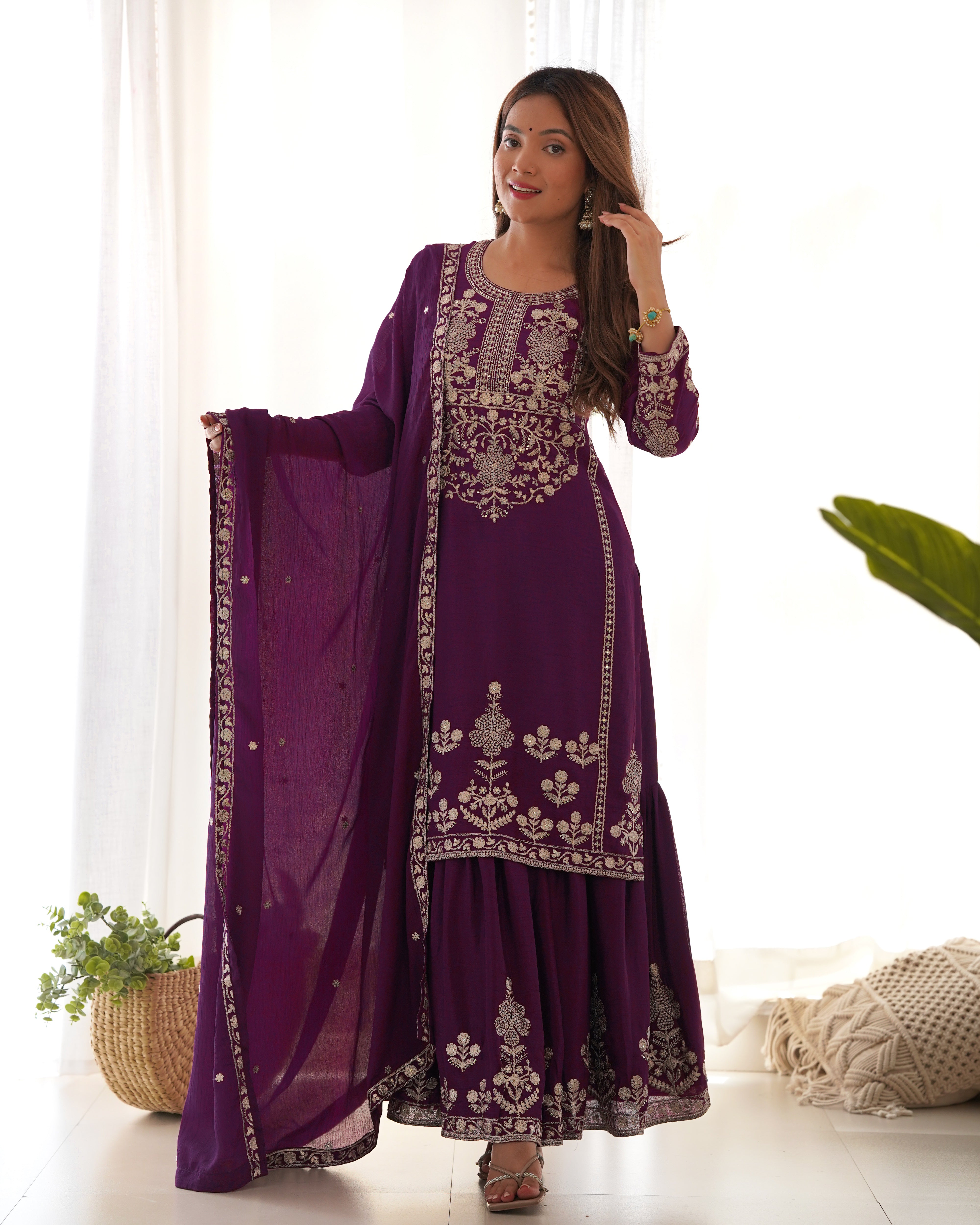 Pure Chinnon Silk Embroidered Sharara Set with Dupatta for Women | Nardev Fashion