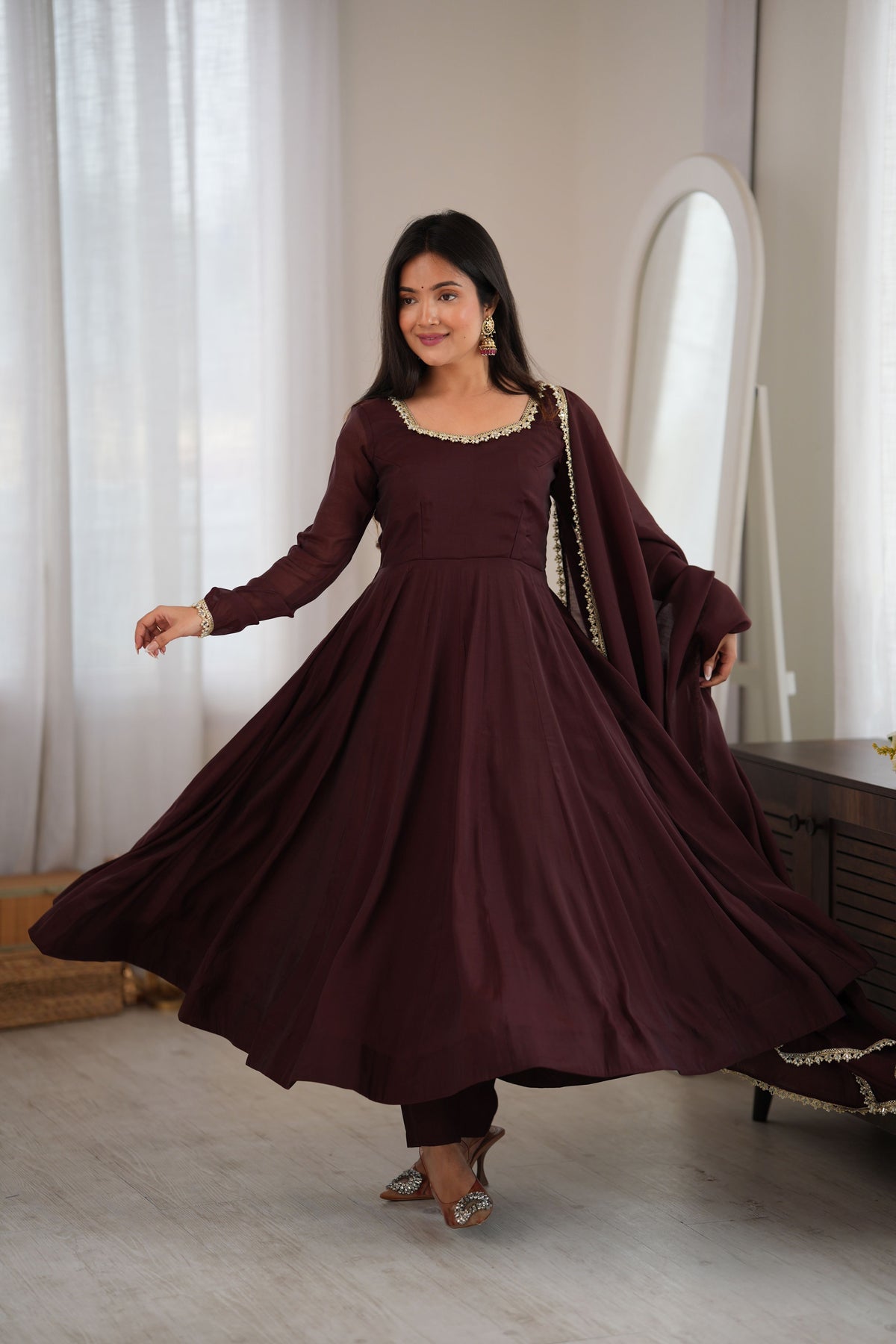 Chocolate Brown Pure Mal Chanderi 16 Kali Anarkali Gown Set with Mirror Work Dupatta