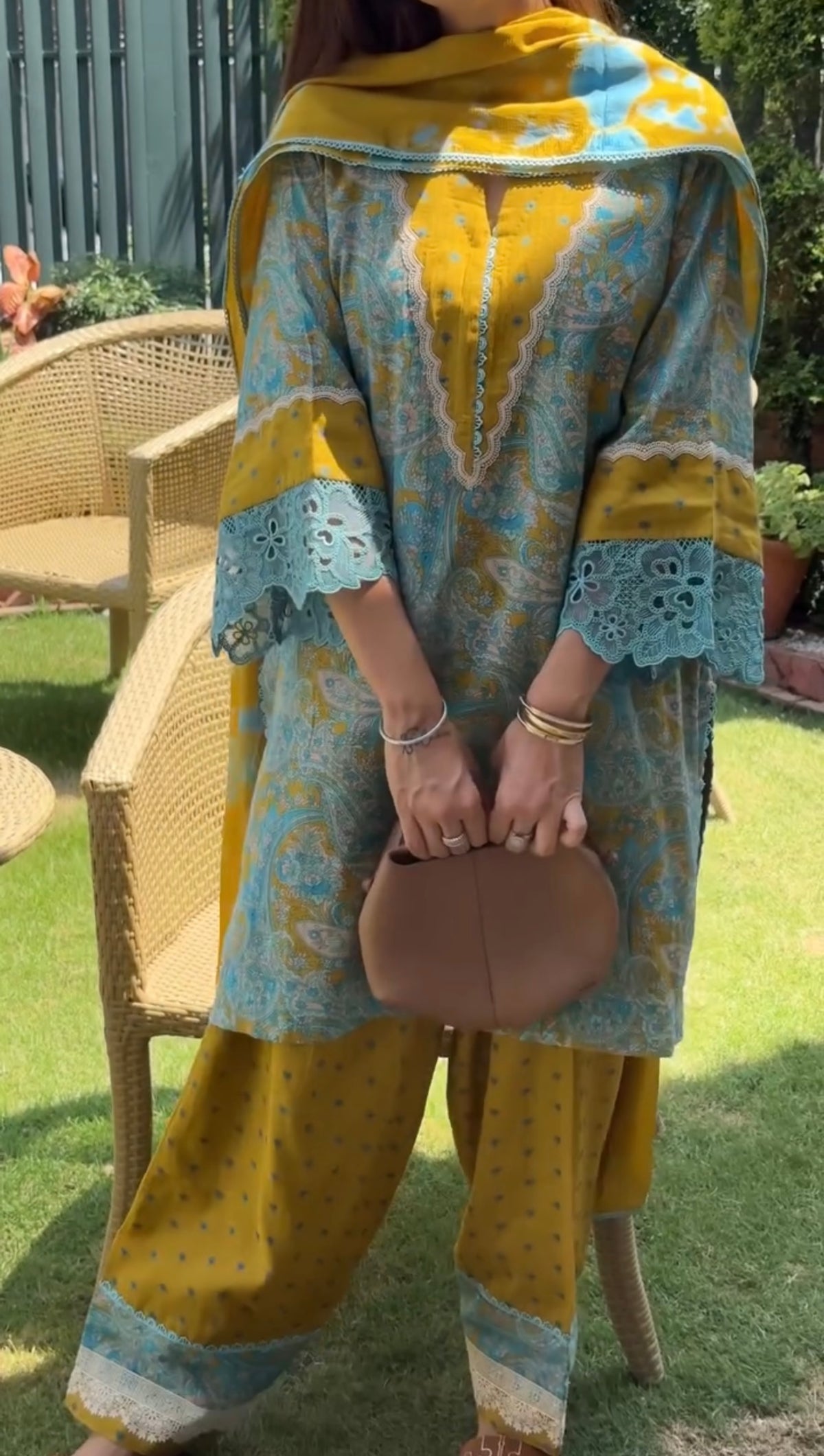 Mustard Yellow & Teal Printed Cambric Cotton Farshi Palazzo Suit Set