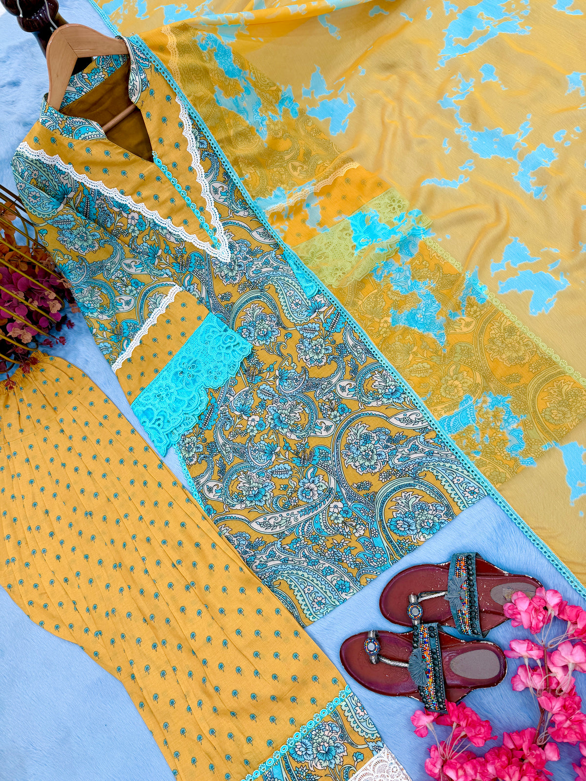 Mustard Yellow & Teal Printed Cambric Cotton Farshi Palazzo Suit Set