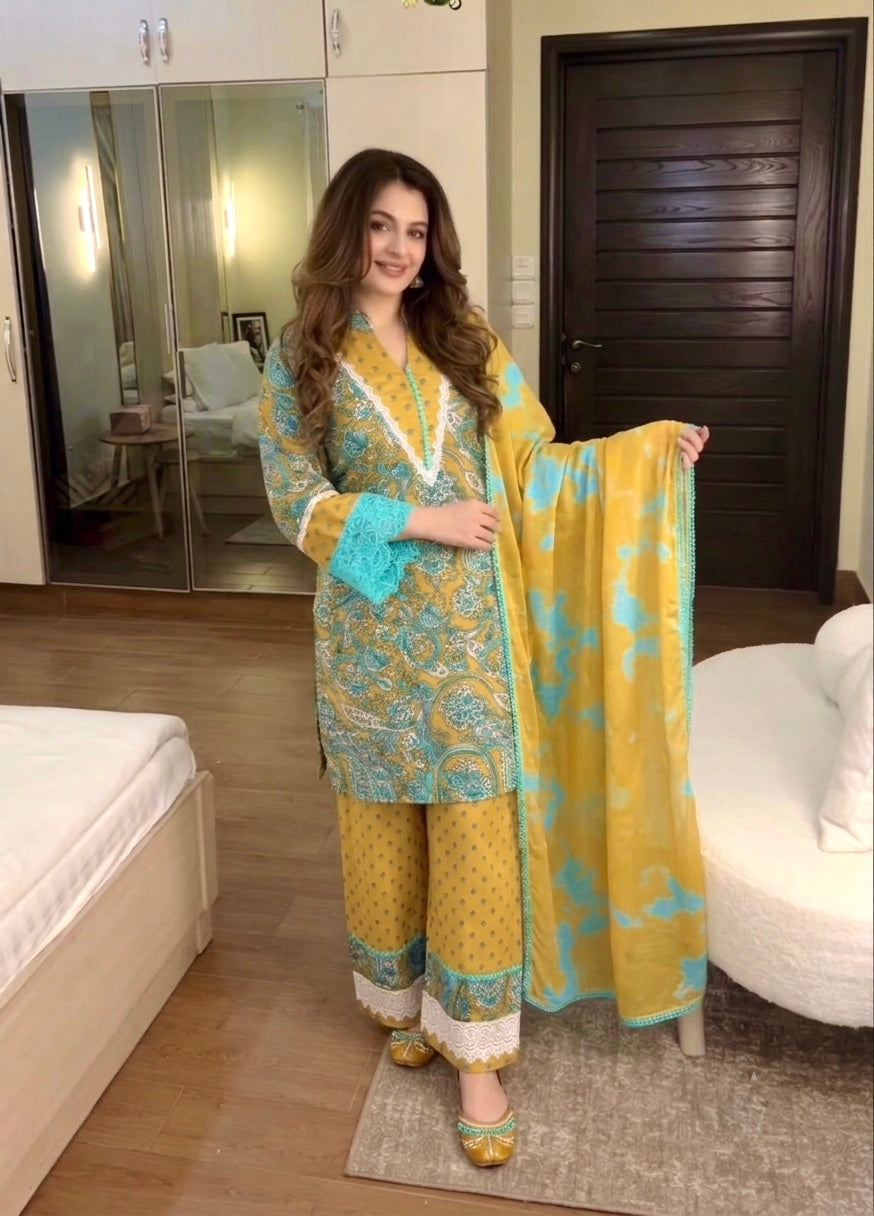 Mustard Yellow & Teal Printed Cambric Cotton Farshi Palazzo Suit Set