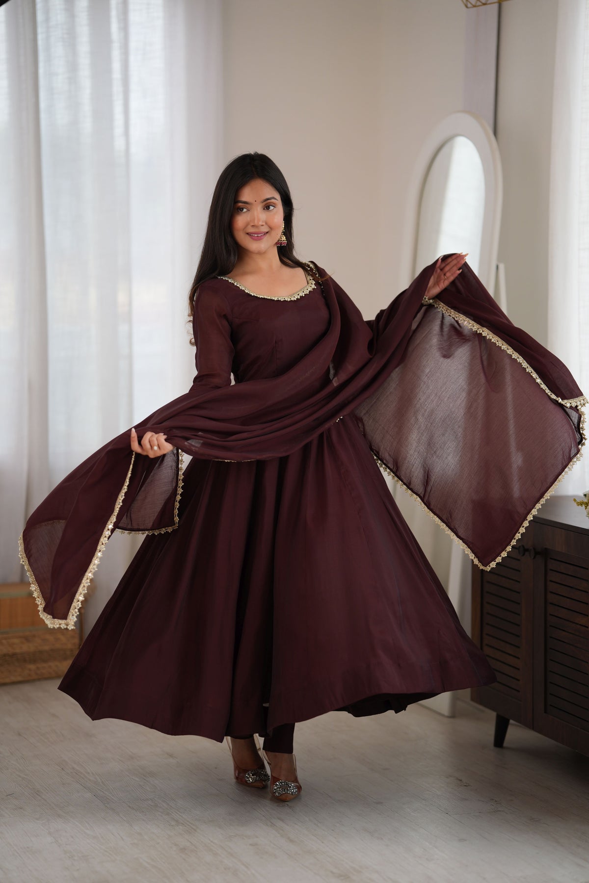 Chocolate Brown Pure Mal Chanderi 16 Kali Anarkali Gown Set with Mirror Work Dupatta