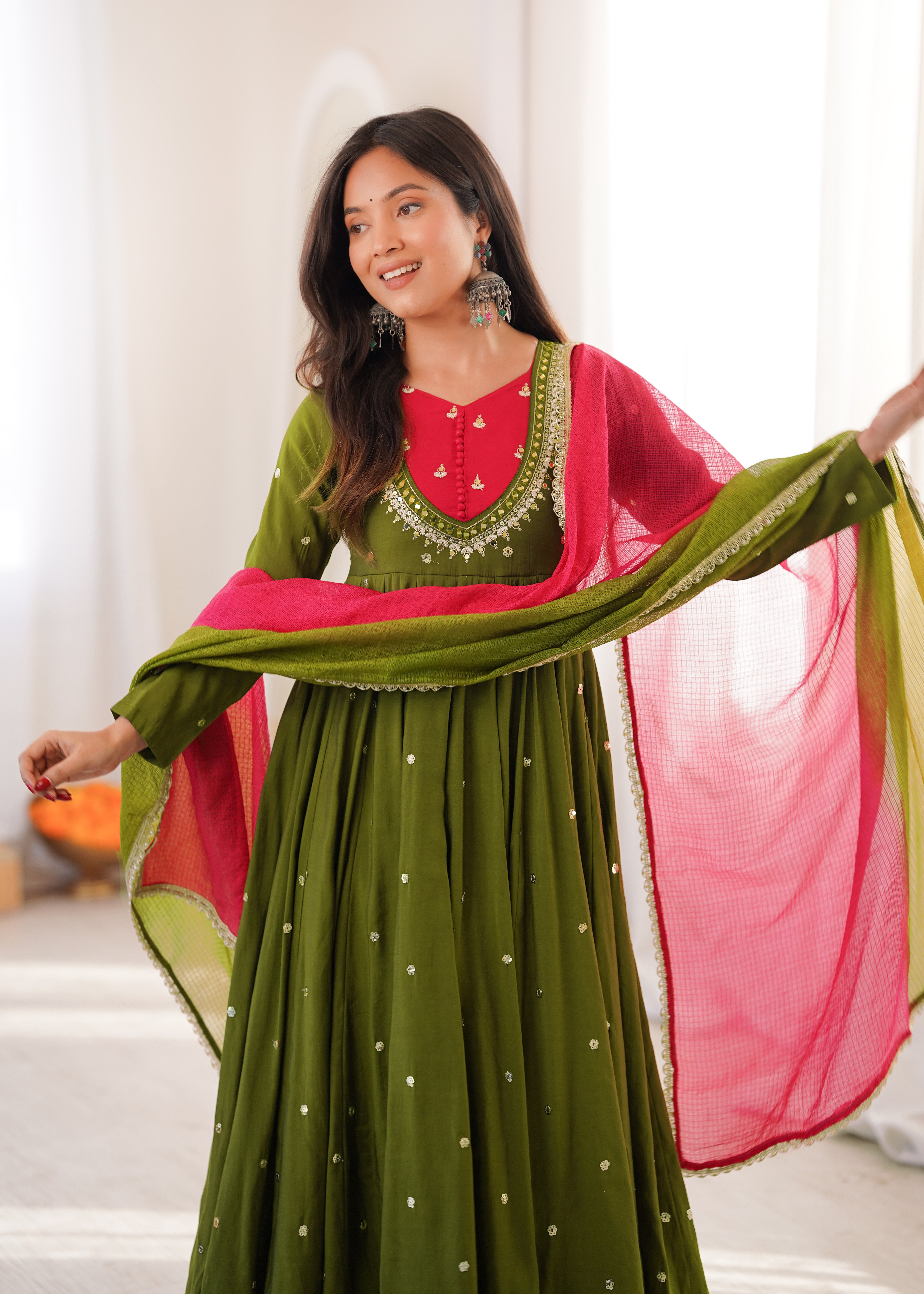 Olive Green Roman Silk Designer Anarkali Suit Set with Pink Kota Checks Dupatta