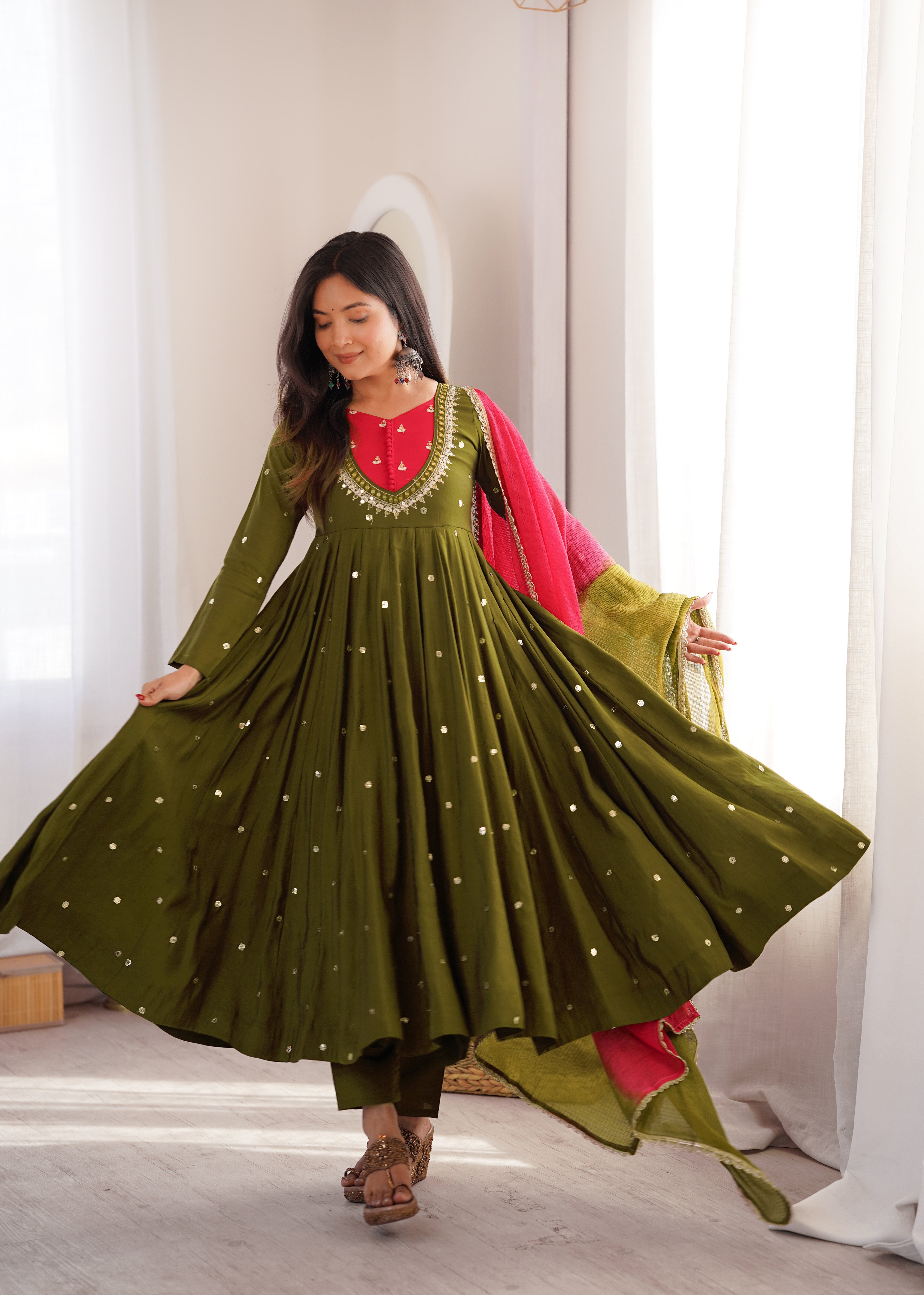 Olive Green Roman Silk Designer Anarkali Suit Set with Pink Kota Checks Dupatta