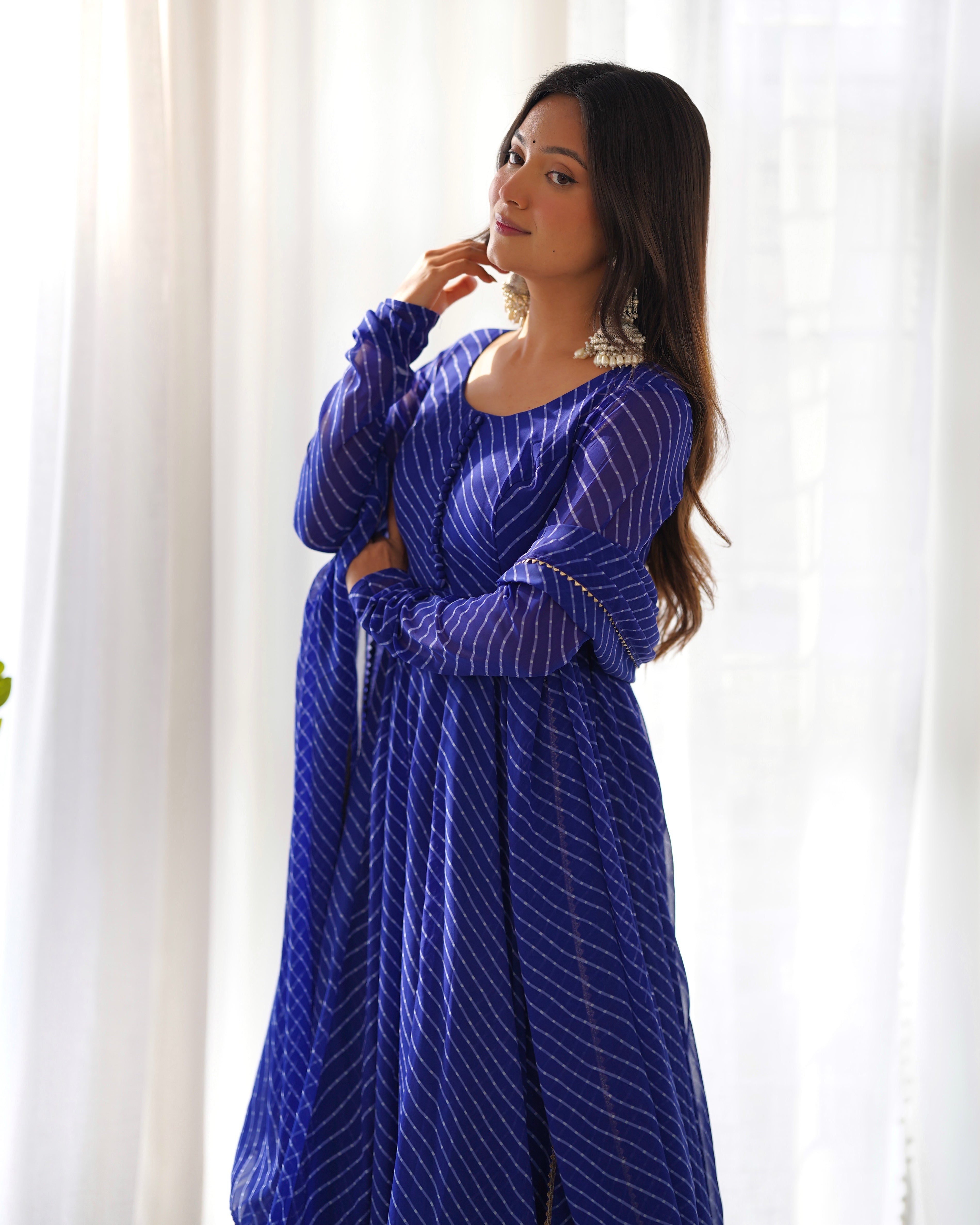 Royal Blue Laheriya Print Fox Georgette Anarkali Suit Set with Dupatta & Pant