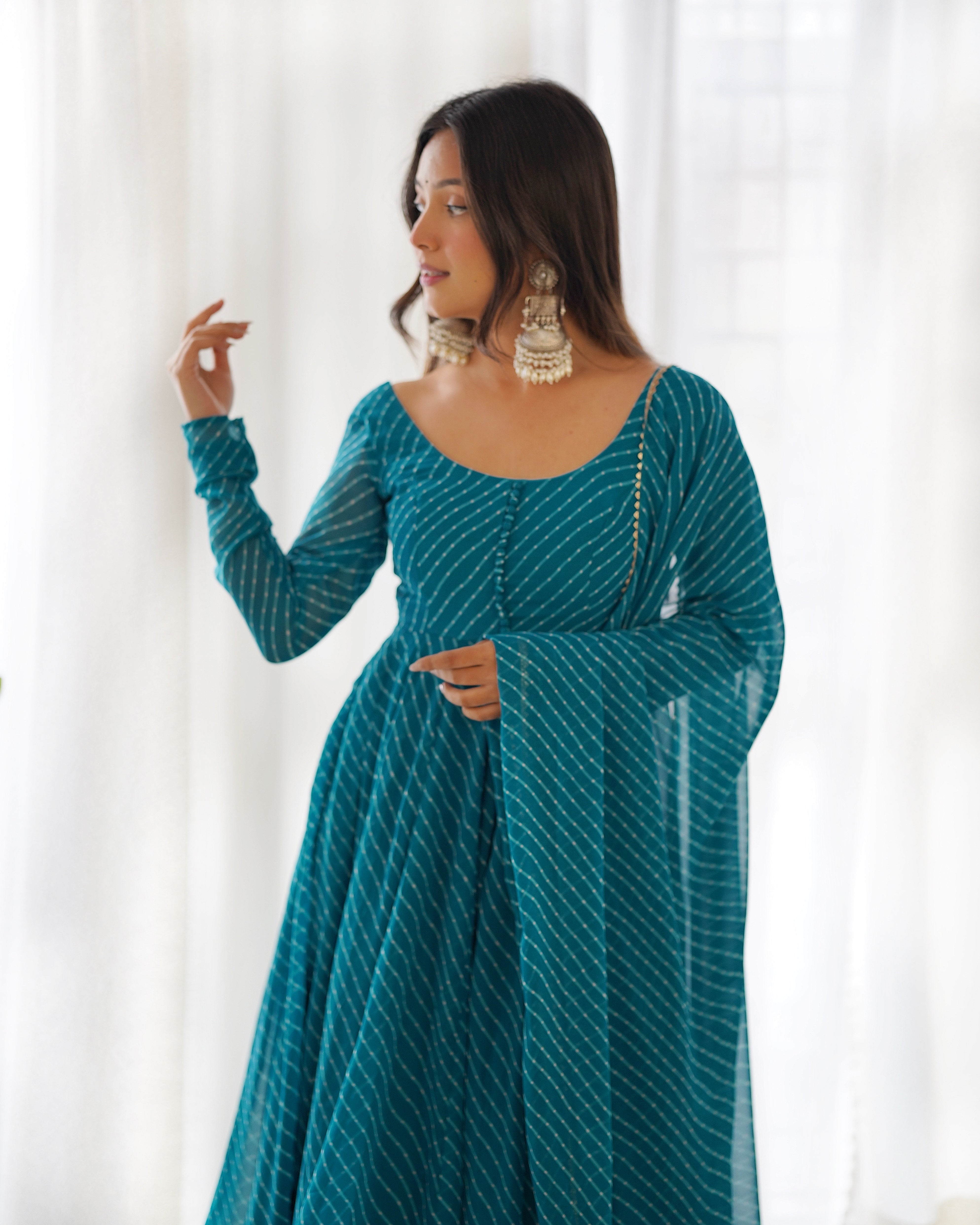 Teal Blue Laheriya Print Fox Georgette Anarkali Suit Set with Dupatta & Pant