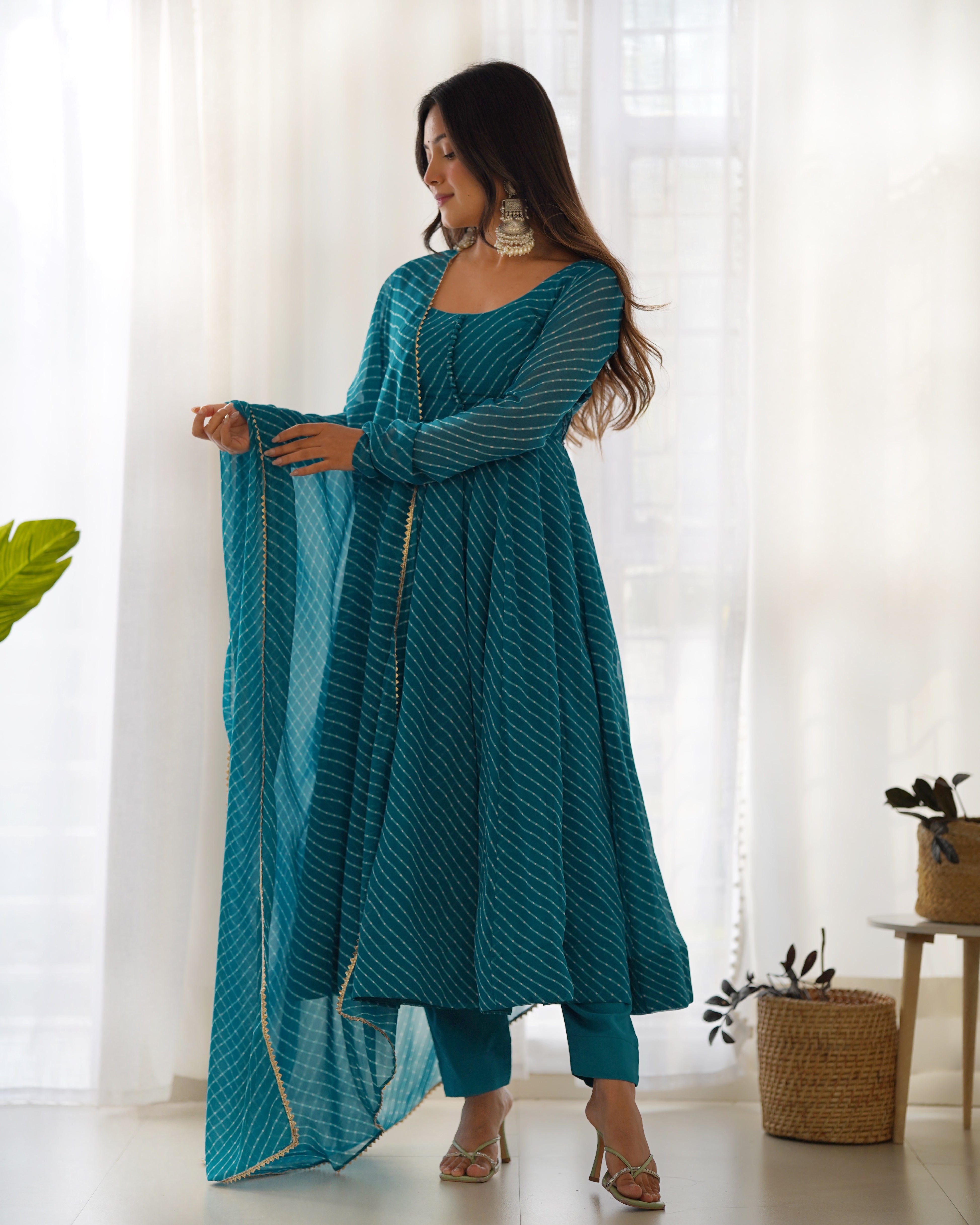 Teal Blue Laheriya Print Fox Georgette Anarkali Suit Set with Dupatta & Pant