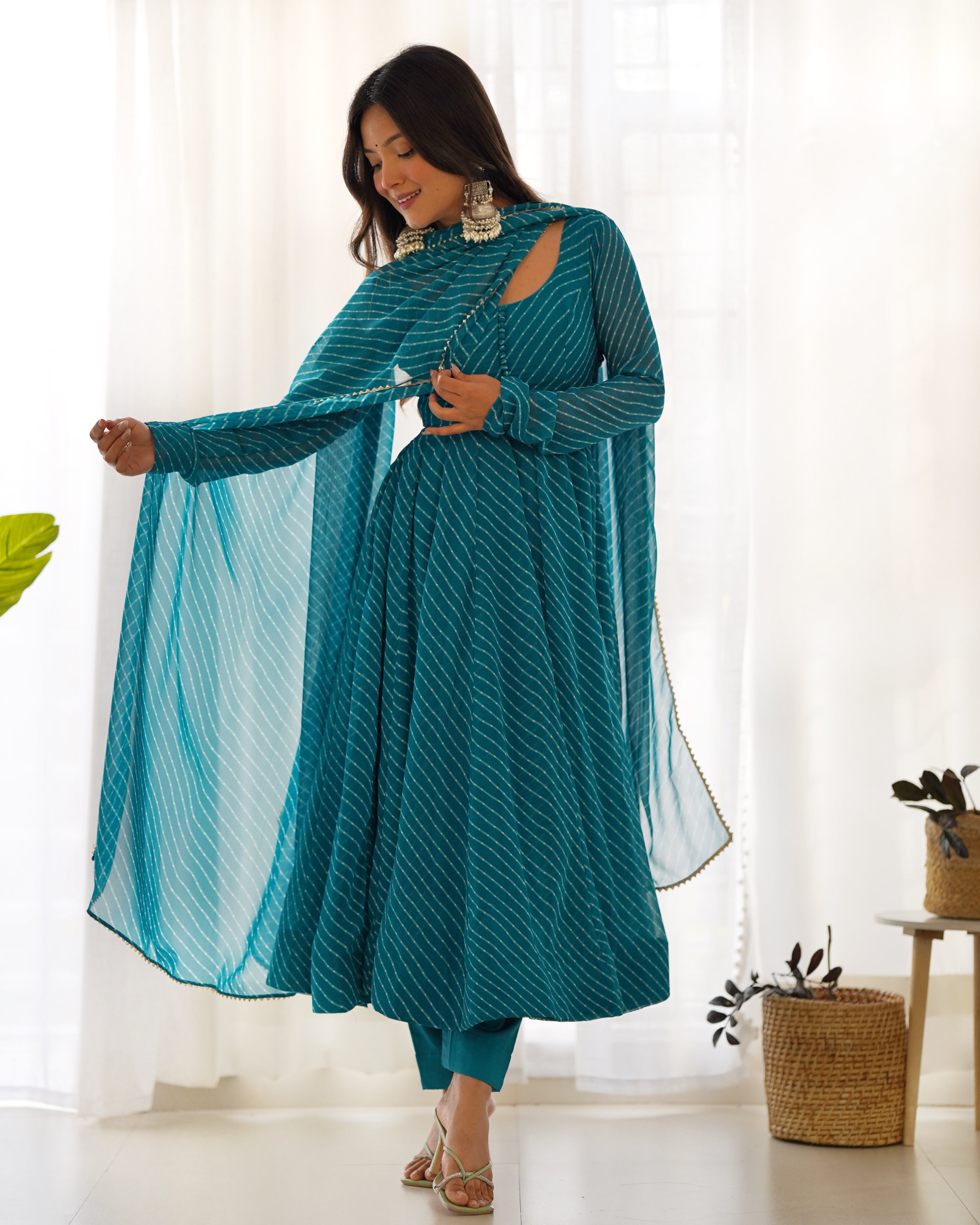 Teal Blue Laheriya Print Fox Georgette Anarkali Suit Set with Dupatta & Pant
