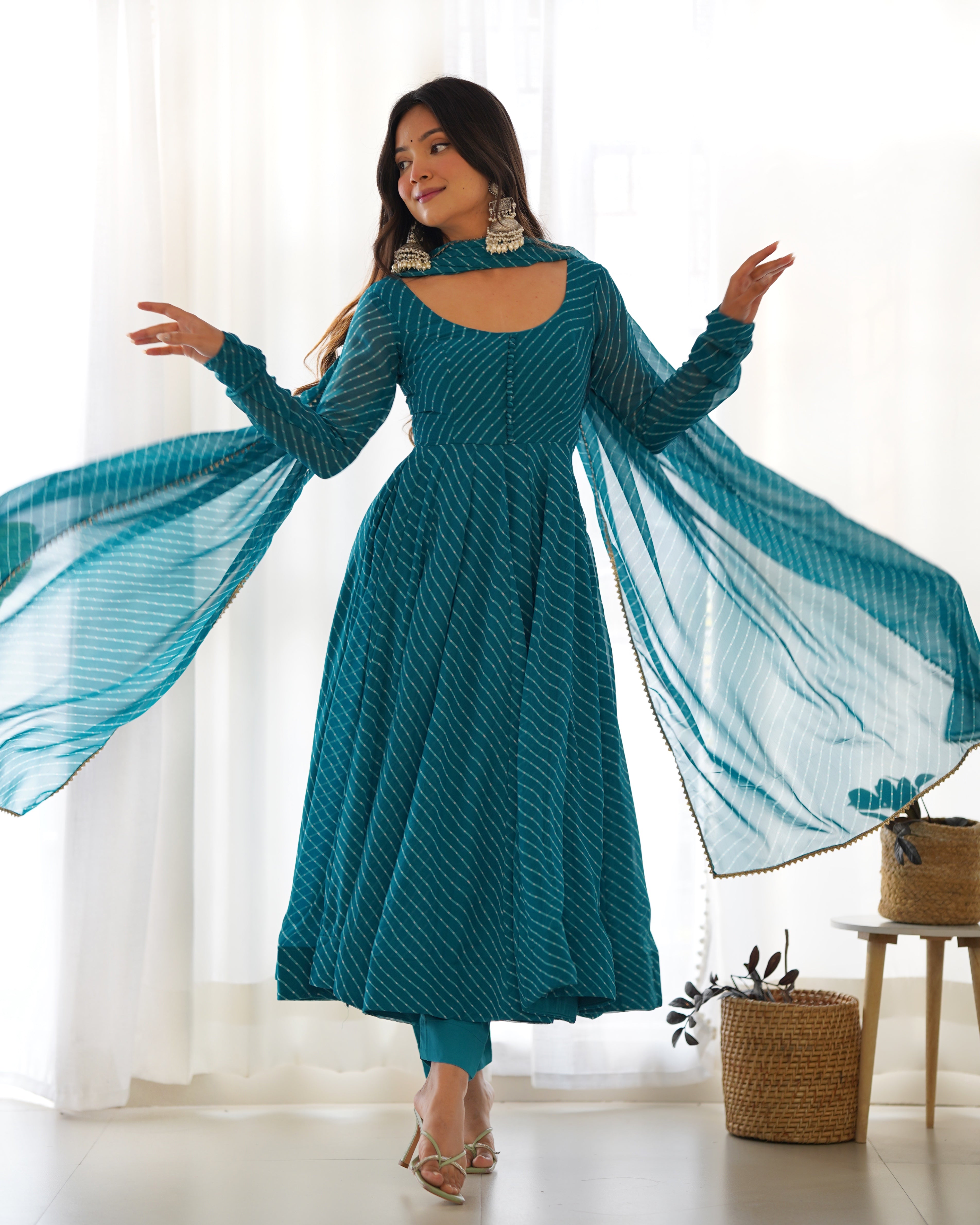 Teal Blue Laheriya Print Fox Georgette Anarkali Suit Set with Dupatta & Pant