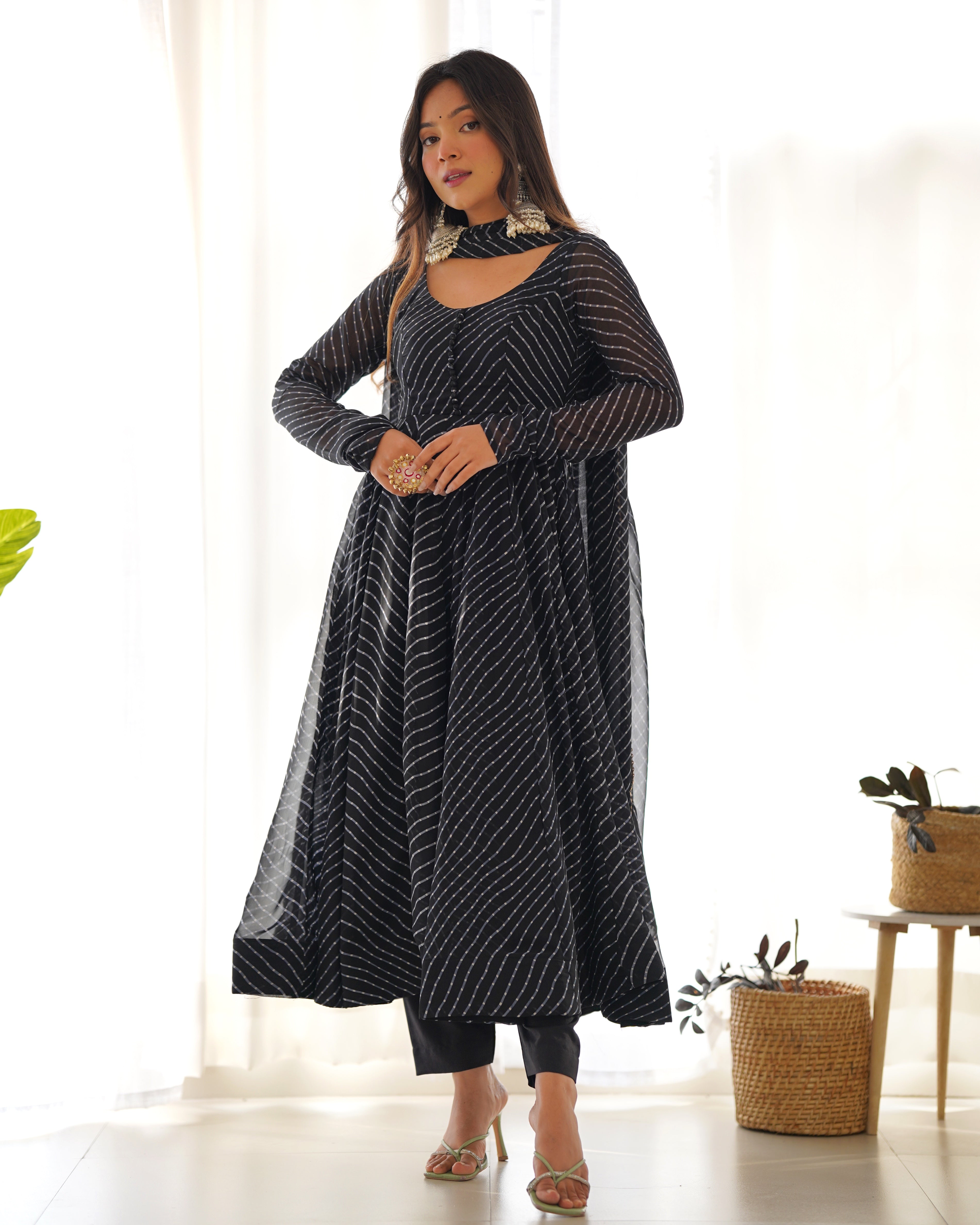 Black Laheriya Print Fox Georgette Anarkali Suit Set with Dupatta & Pant
