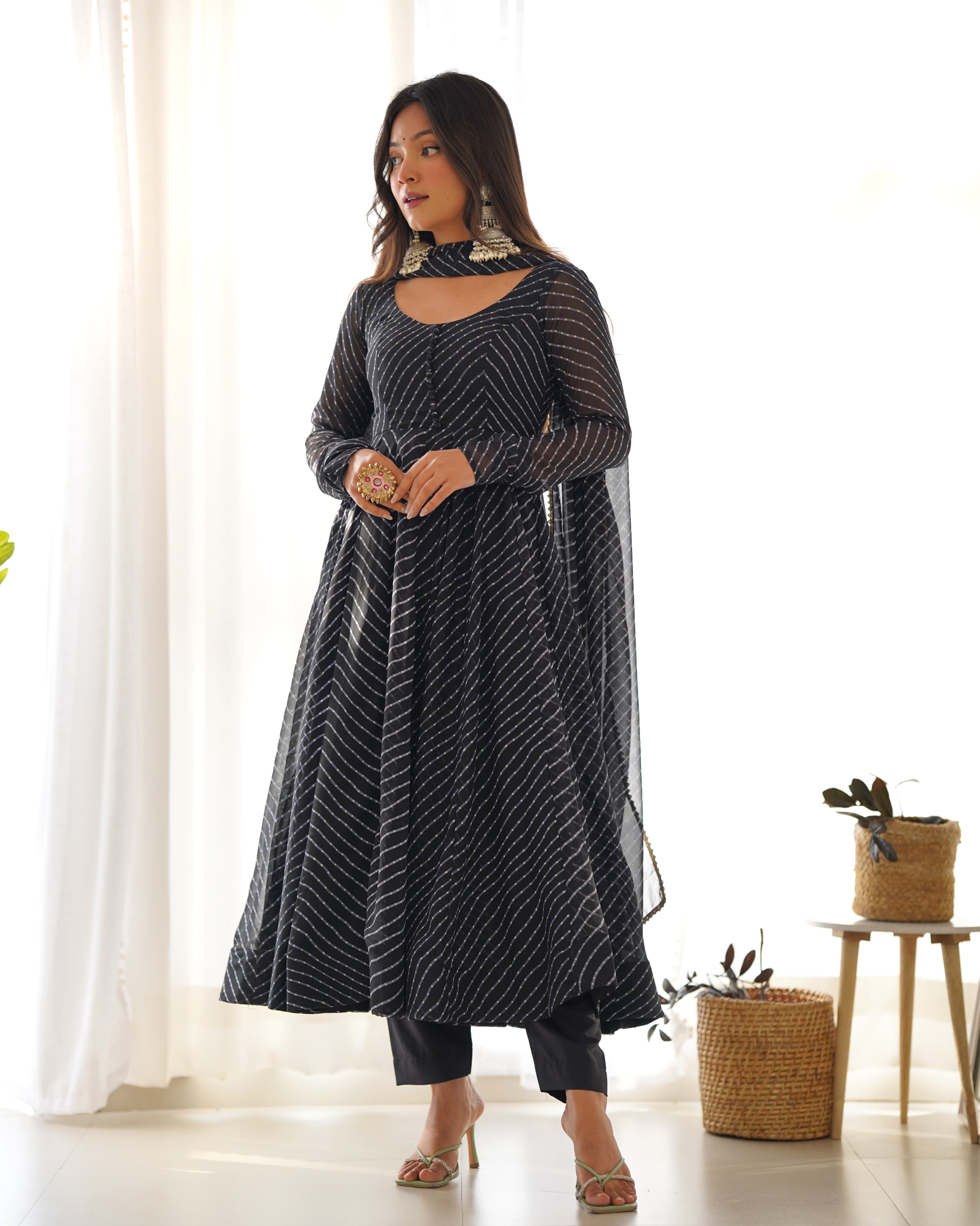Black Laheriya Print Fox Georgette Anarkali Suit Set with Dupatta & Pant