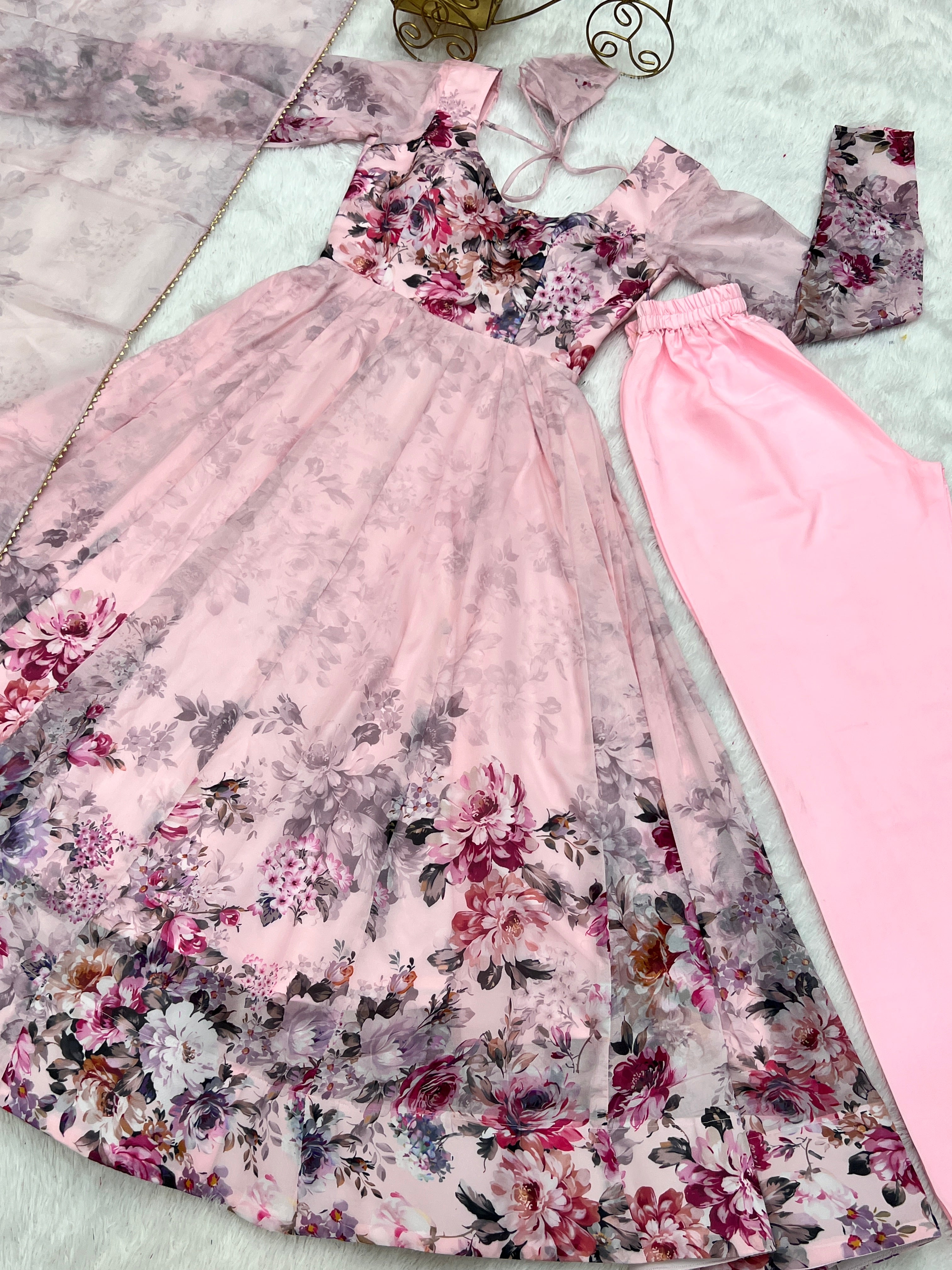Dusty Pink Organza Silk Floral Printed Anarkali Suit Set with Gota Patti Dupatta
