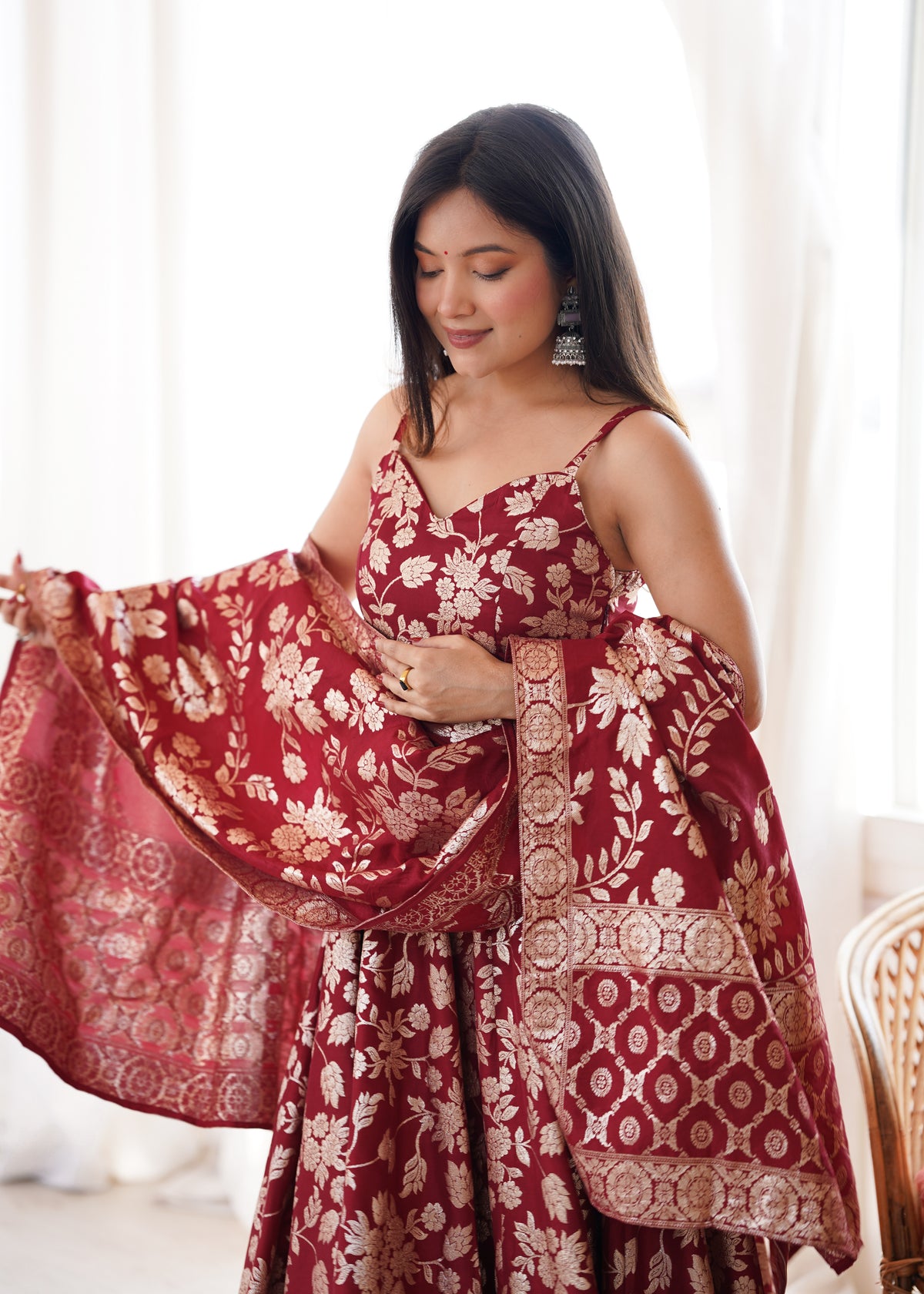 Maroon Banarasi Jacquard Dola Silk Anarkali Suit Set with Dupatta