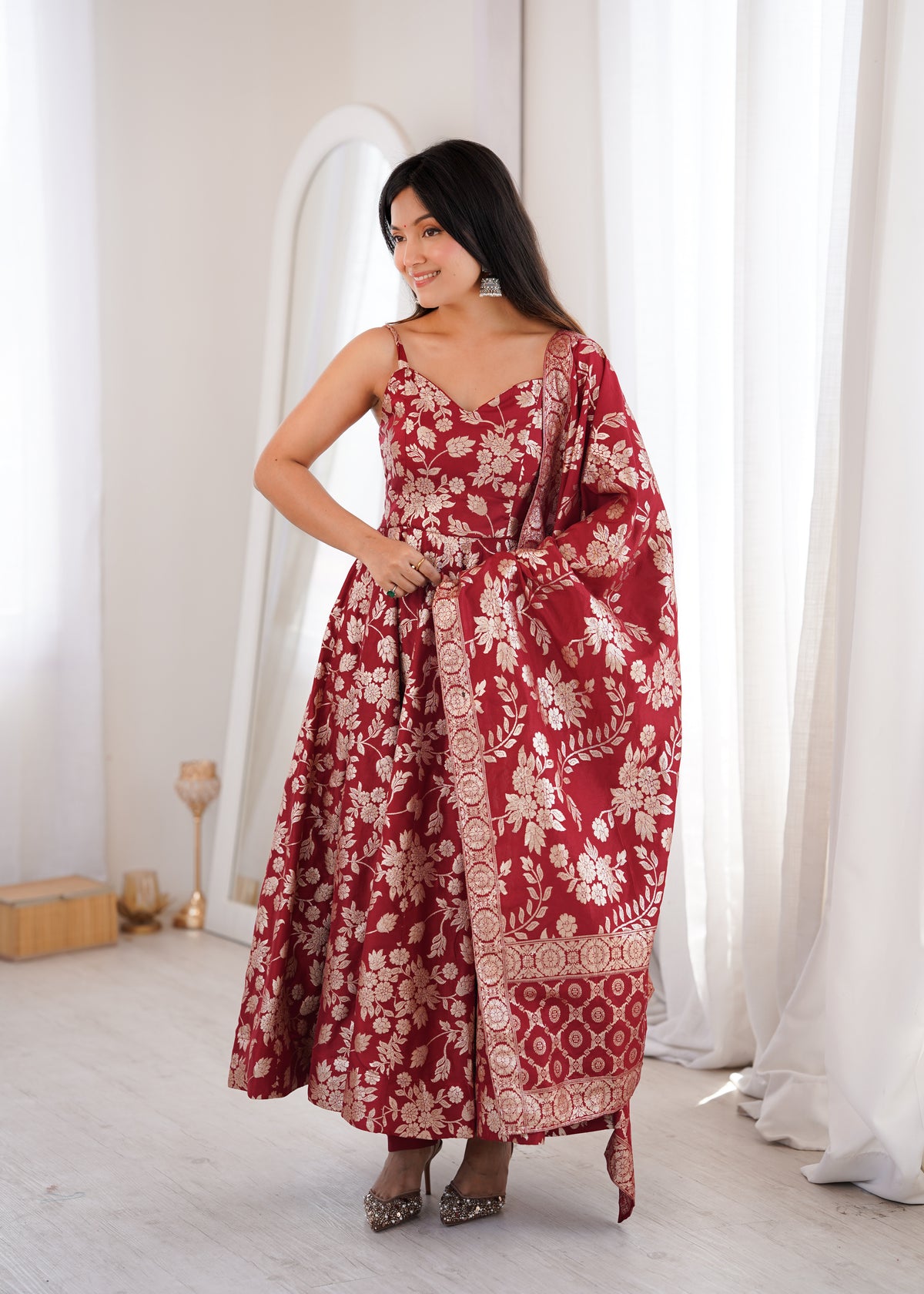 Maroon Banarasi Jacquard Dola Silk Anarkali Suit Set with Dupatta