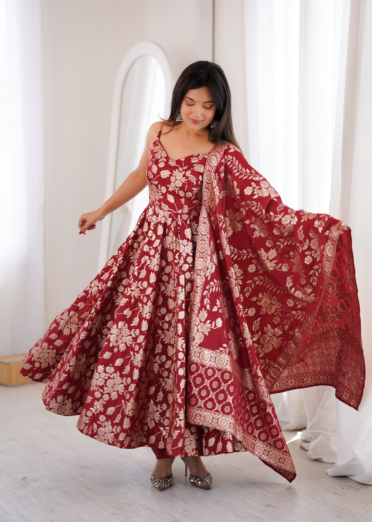 Maroon Banarasi Jacquard Dola Silk Anarkali Suit Set with Dupatta