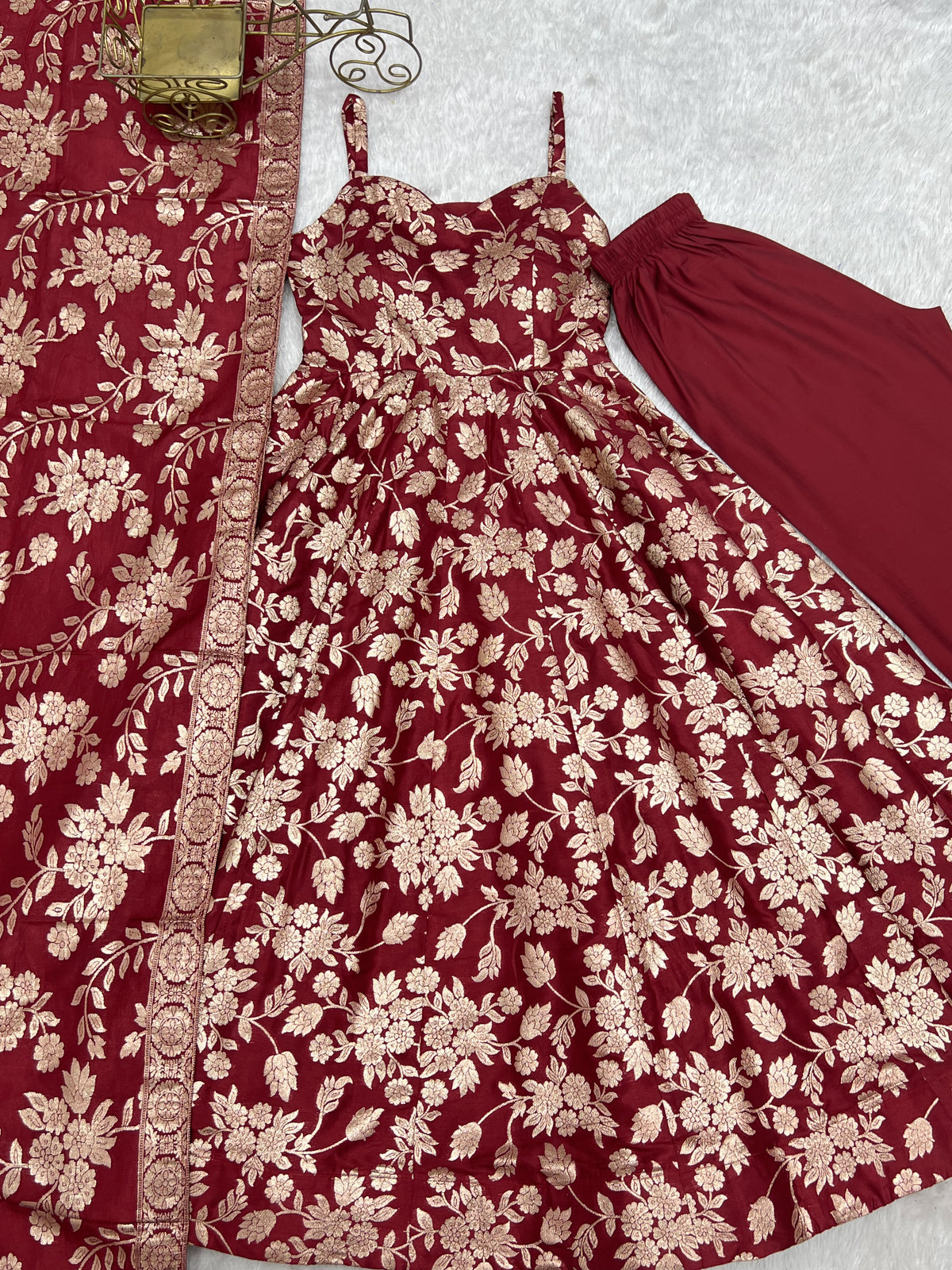 Maroon Banarasi Jacquard Dola Silk Anarkali Suit Set with Dupatta