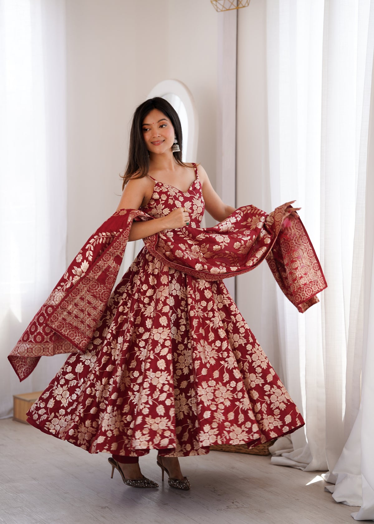 Maroon Banarasi Jacquard Dola Silk Anarkali Suit Set with Dupatta