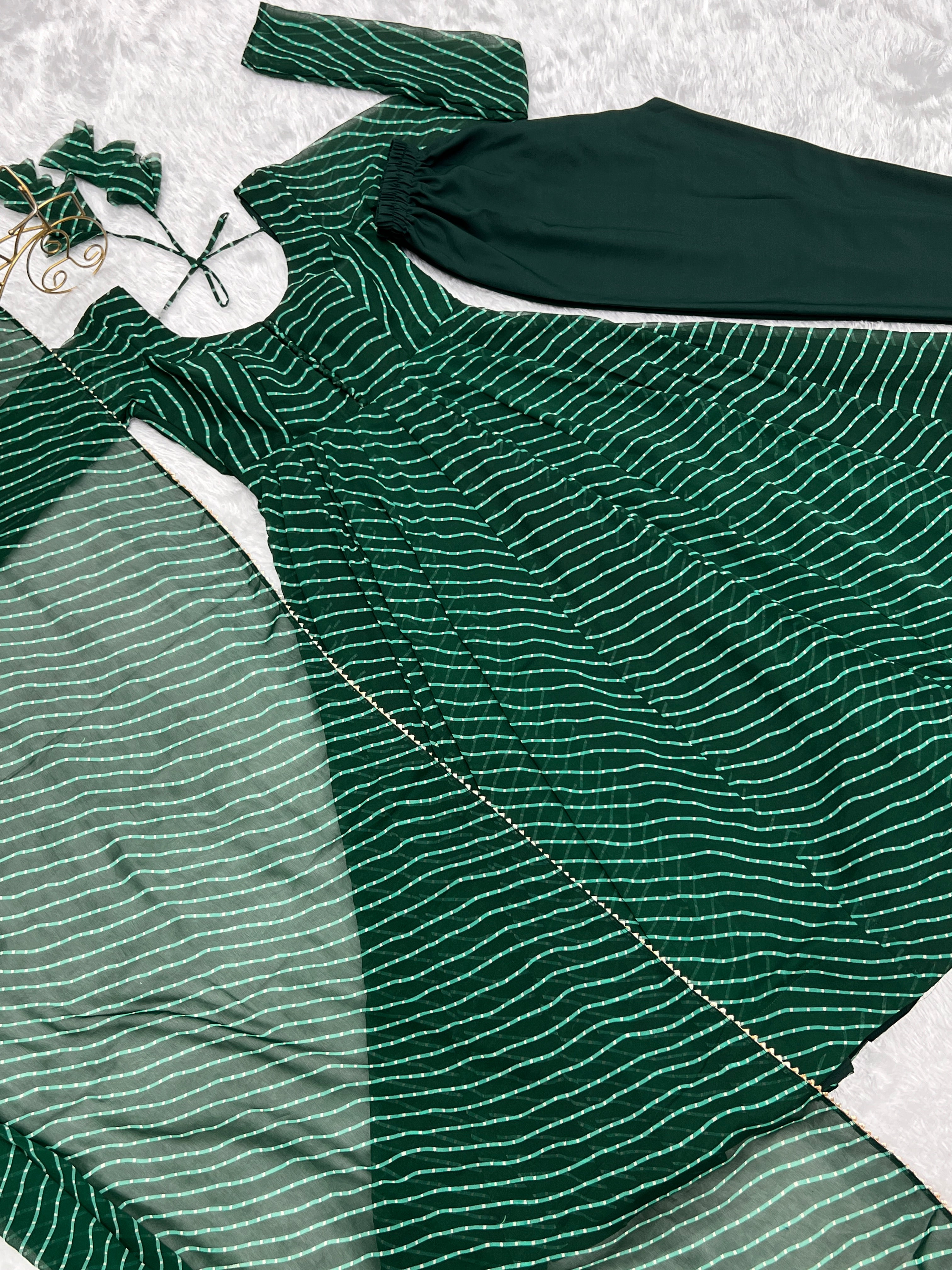Emerald Green Laheriya Print Fox Georgette Anarkali Suit Set with Dupatta & Pant
