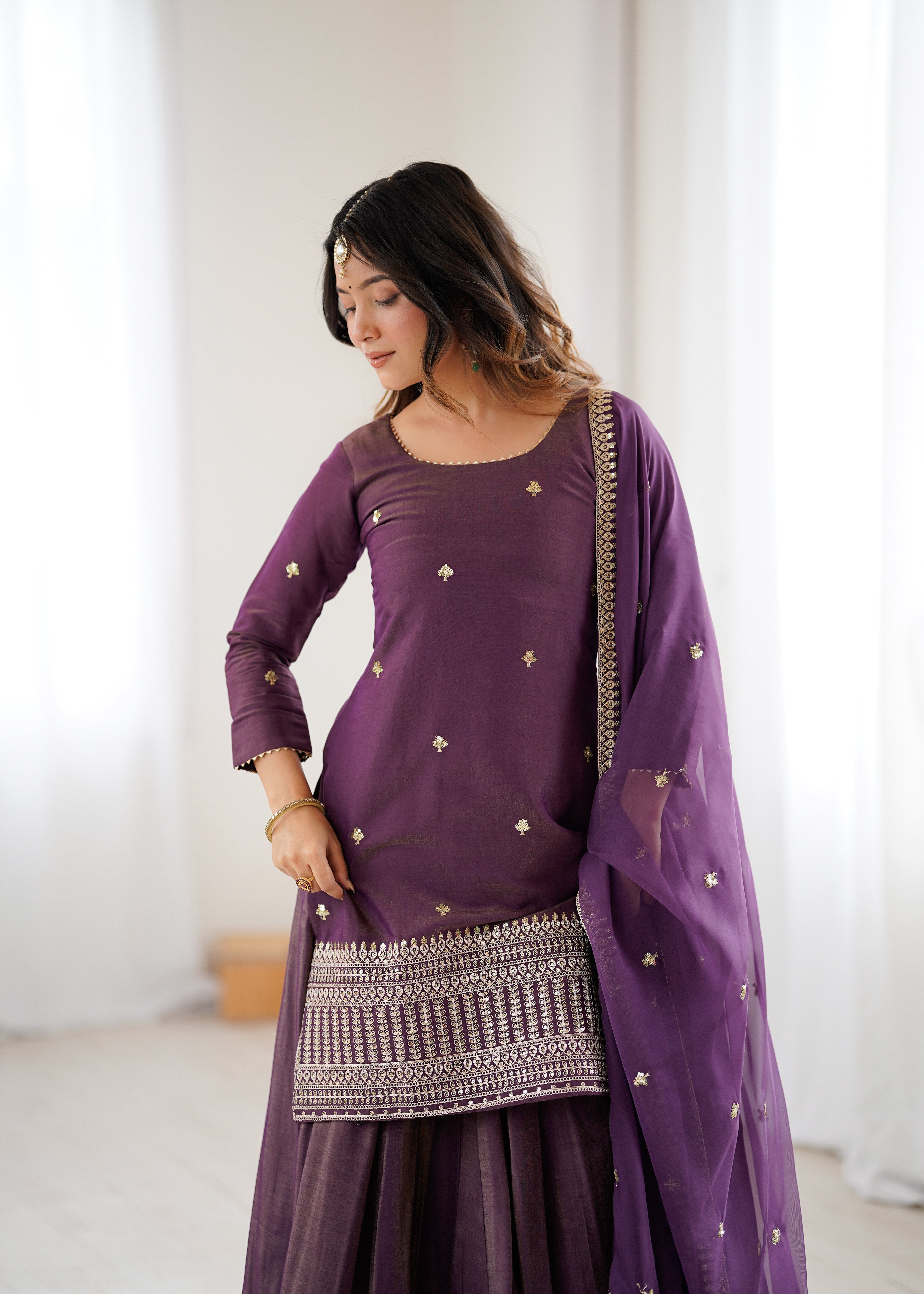 Premium Roman Shimmer Chanderi Silk Kurta Lehenga Dupatta Set for Women | Nardev Fashion