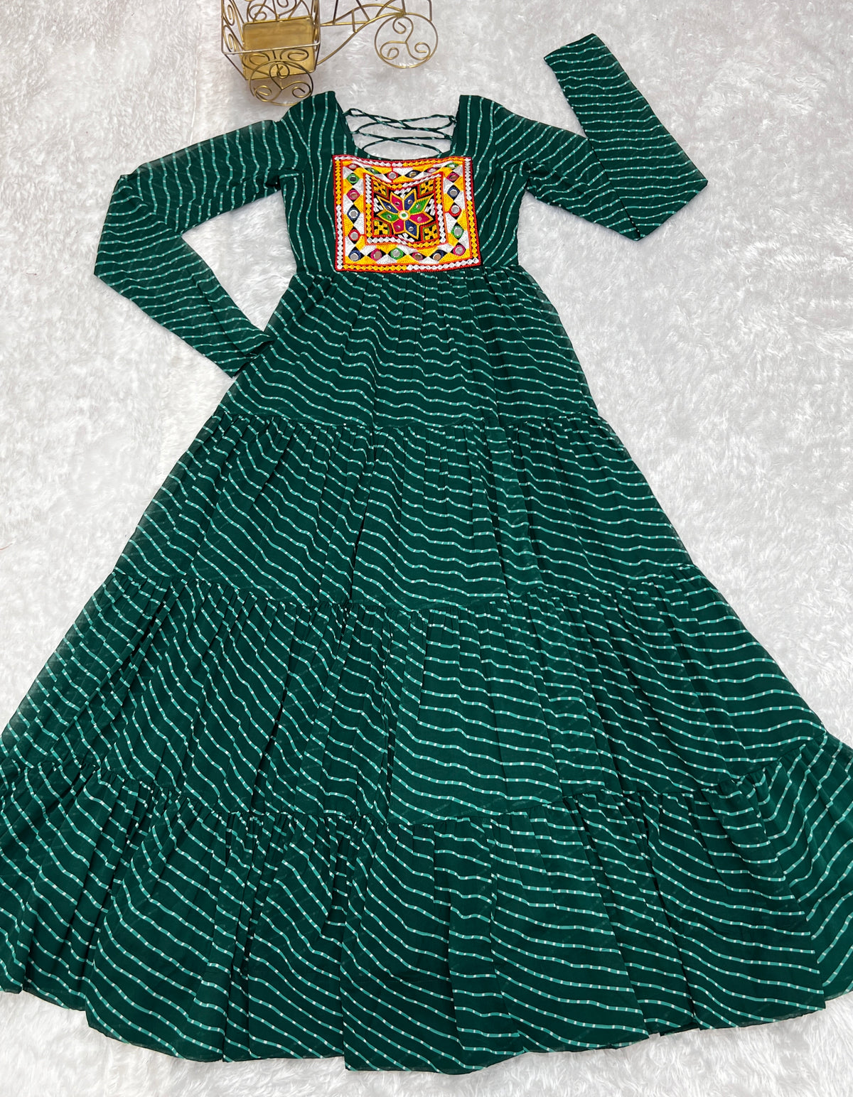 Dark Green Laheriya Print 7 Meter Flair Anarkali Gown