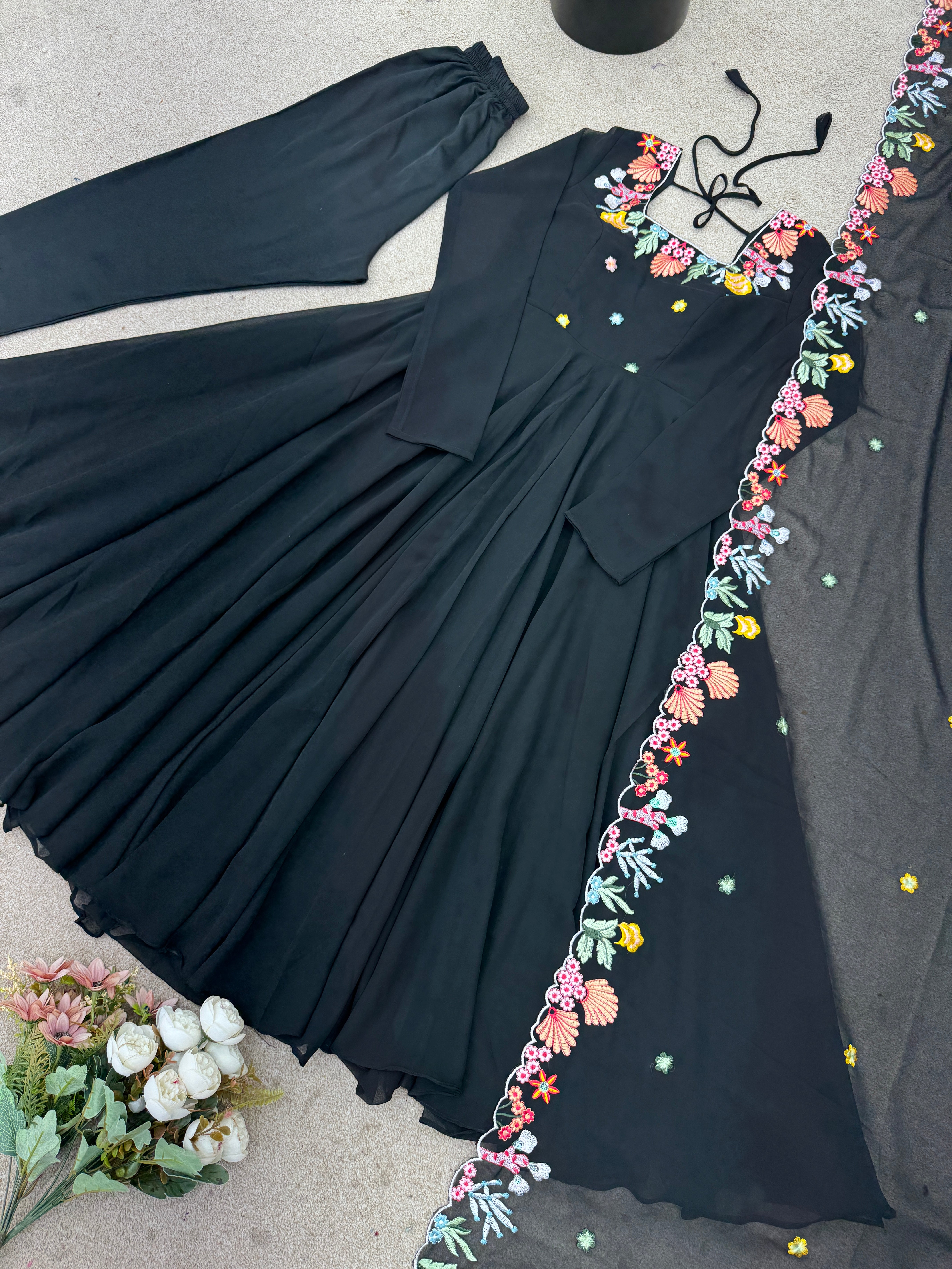 Classic Black Faux Georgette Embroidered Anarkali Gown Set with Dupatta