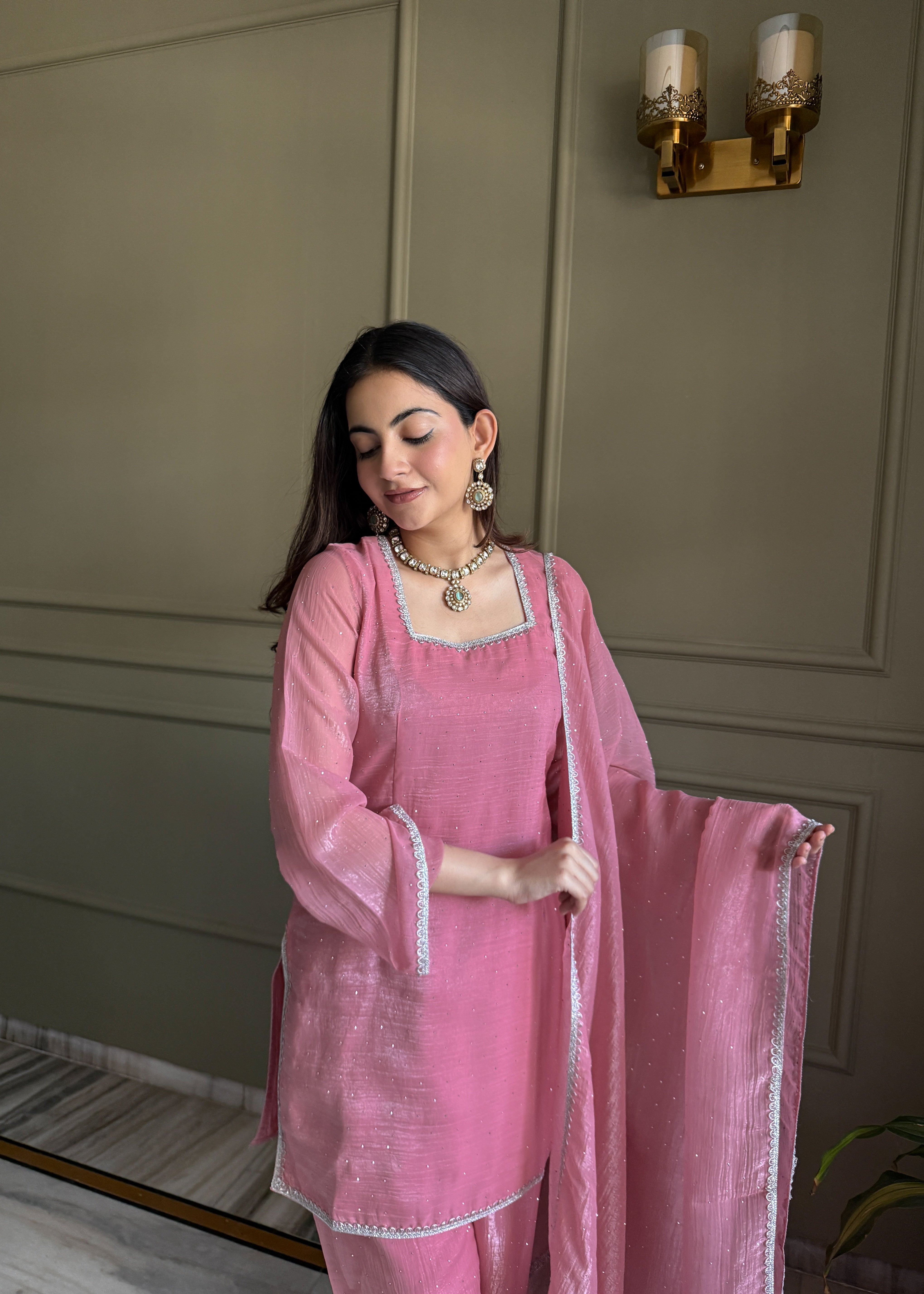 Pink Farshi Salwar Suit in Crunchy Silk with Sirovski Work| Nardev Fashion Brand