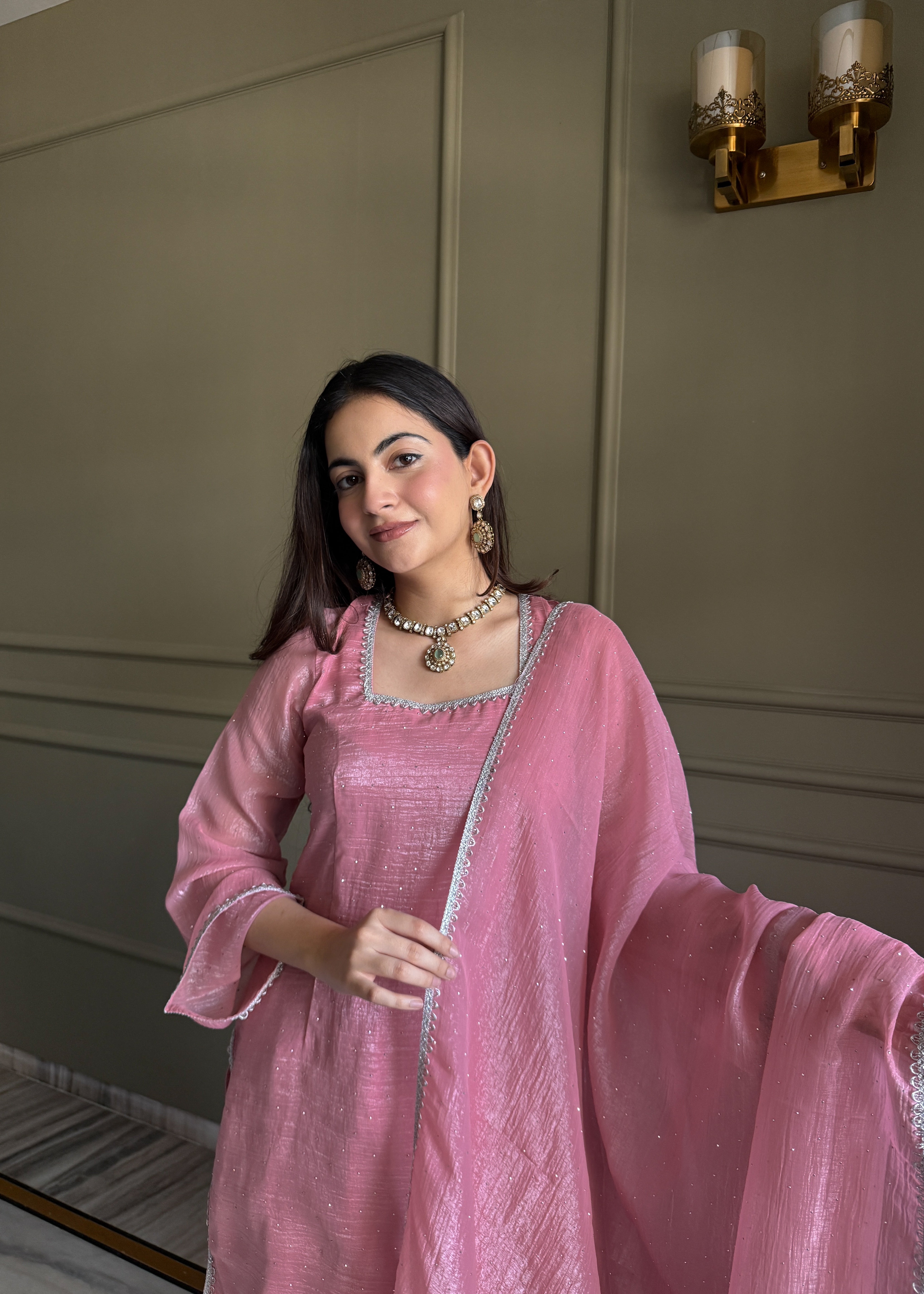 Pink Farshi Salwar Suit in Crunchy Silk with Sirovski Work| Nardev Fashion Brand
