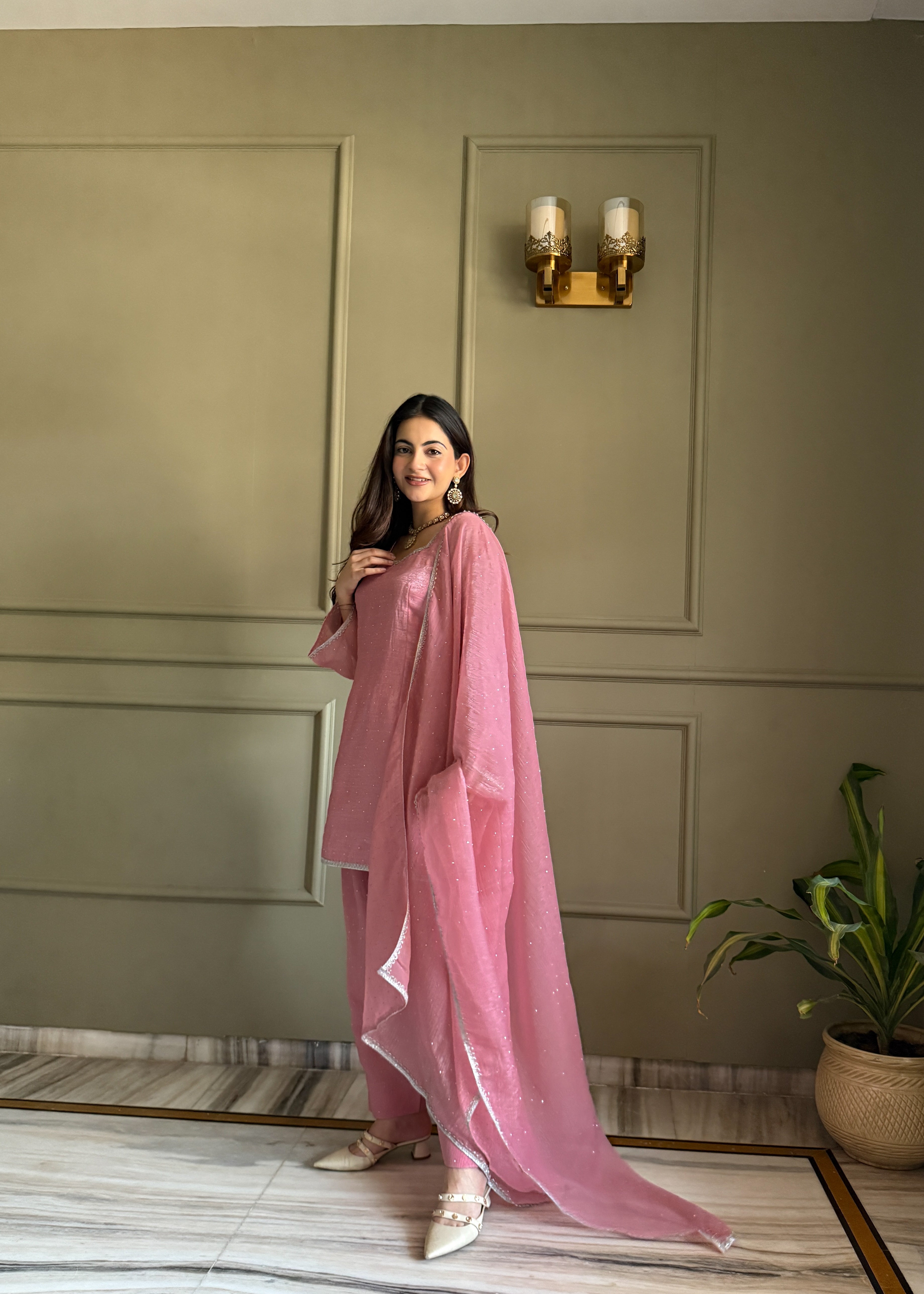 Pink Farshi Salwar Suit in Crunchy Silk with Sirovski Work| Nardev Fashion Brand