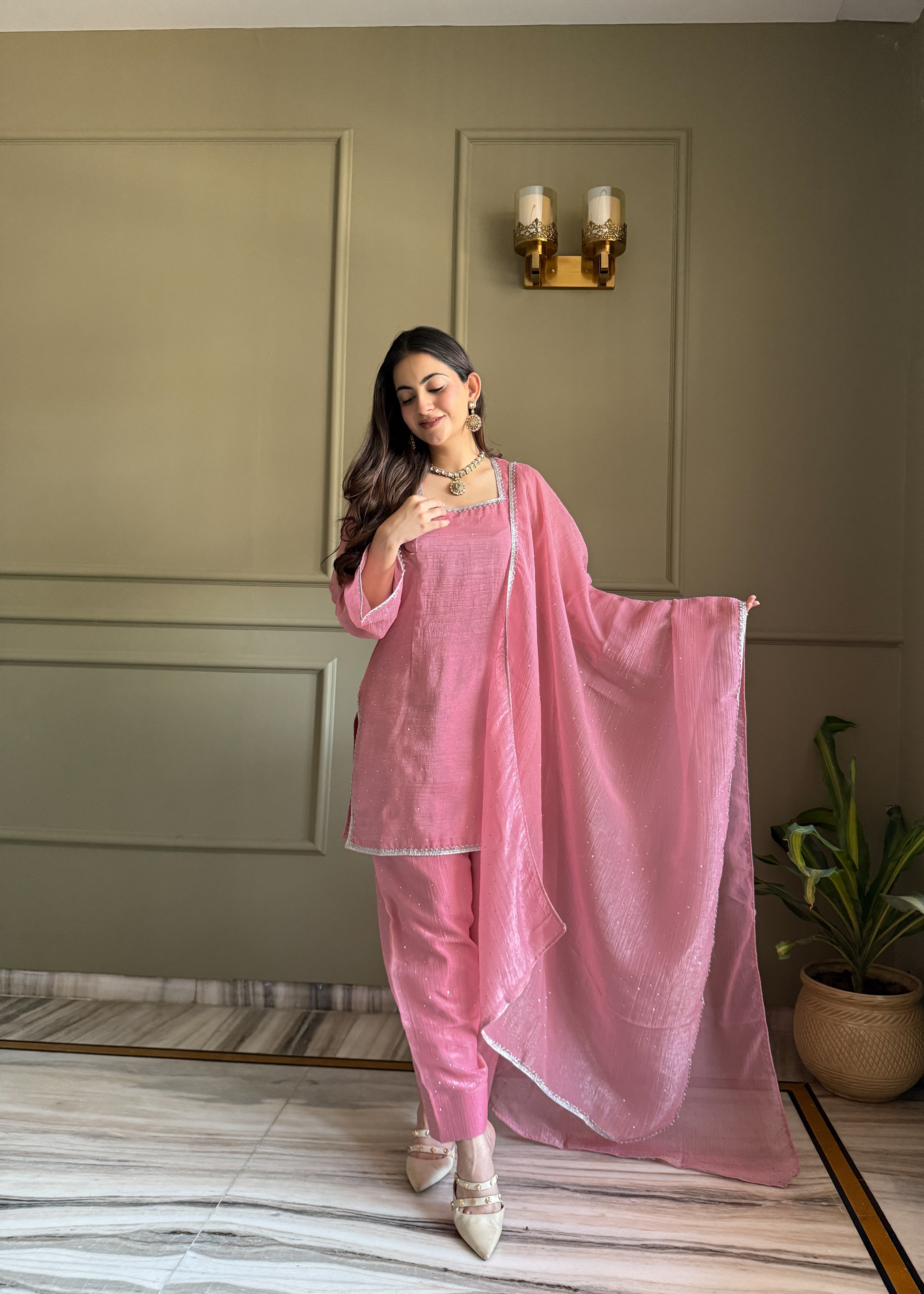 Pink Farshi Salwar Suit in Crunchy Silk with Sirovski Work| Nardev Fashion Brand