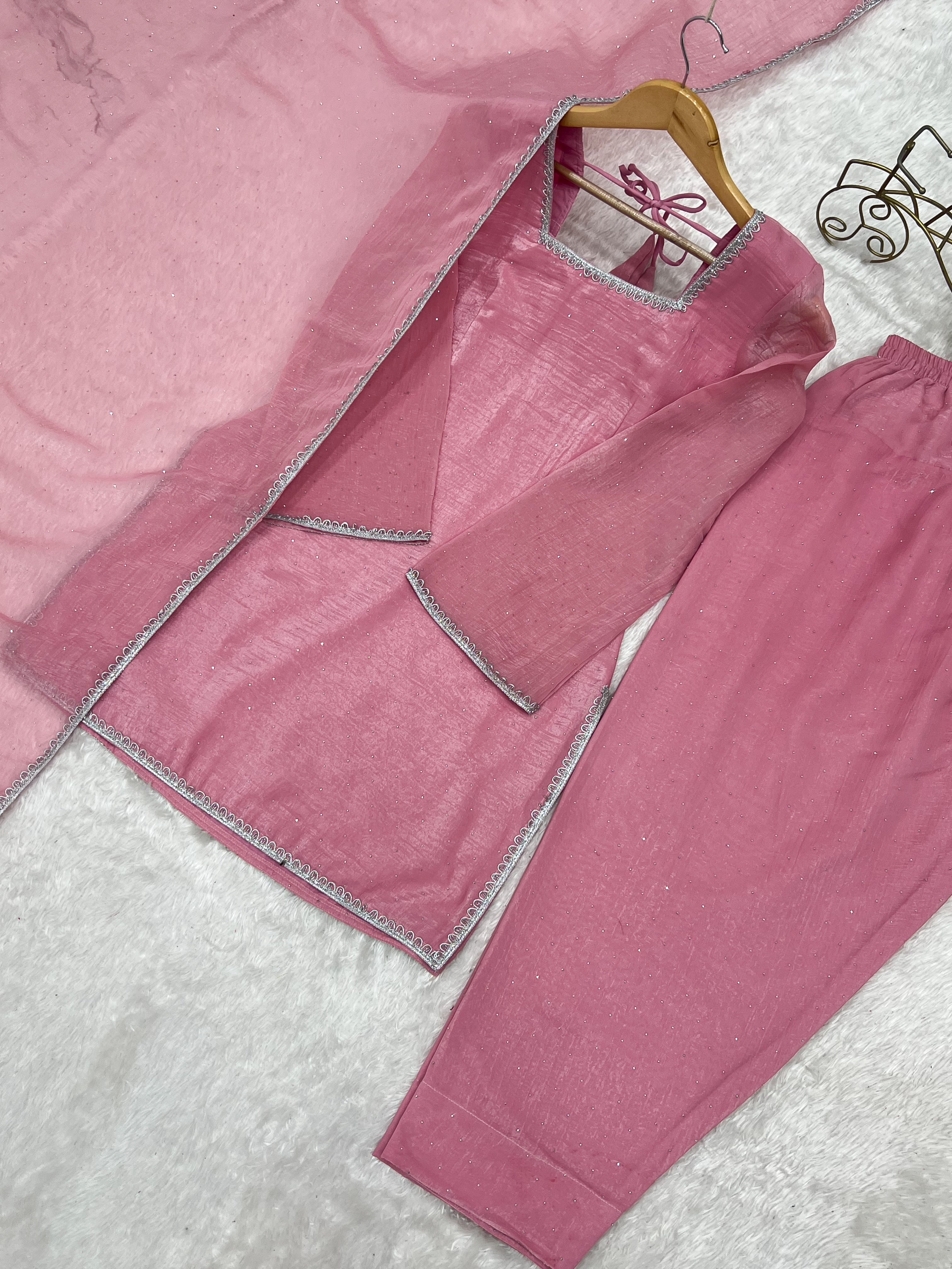 Pink Farshi Salwar Suit in Crunchy Silk with Sirovski Work| Nardev Fashion Brand