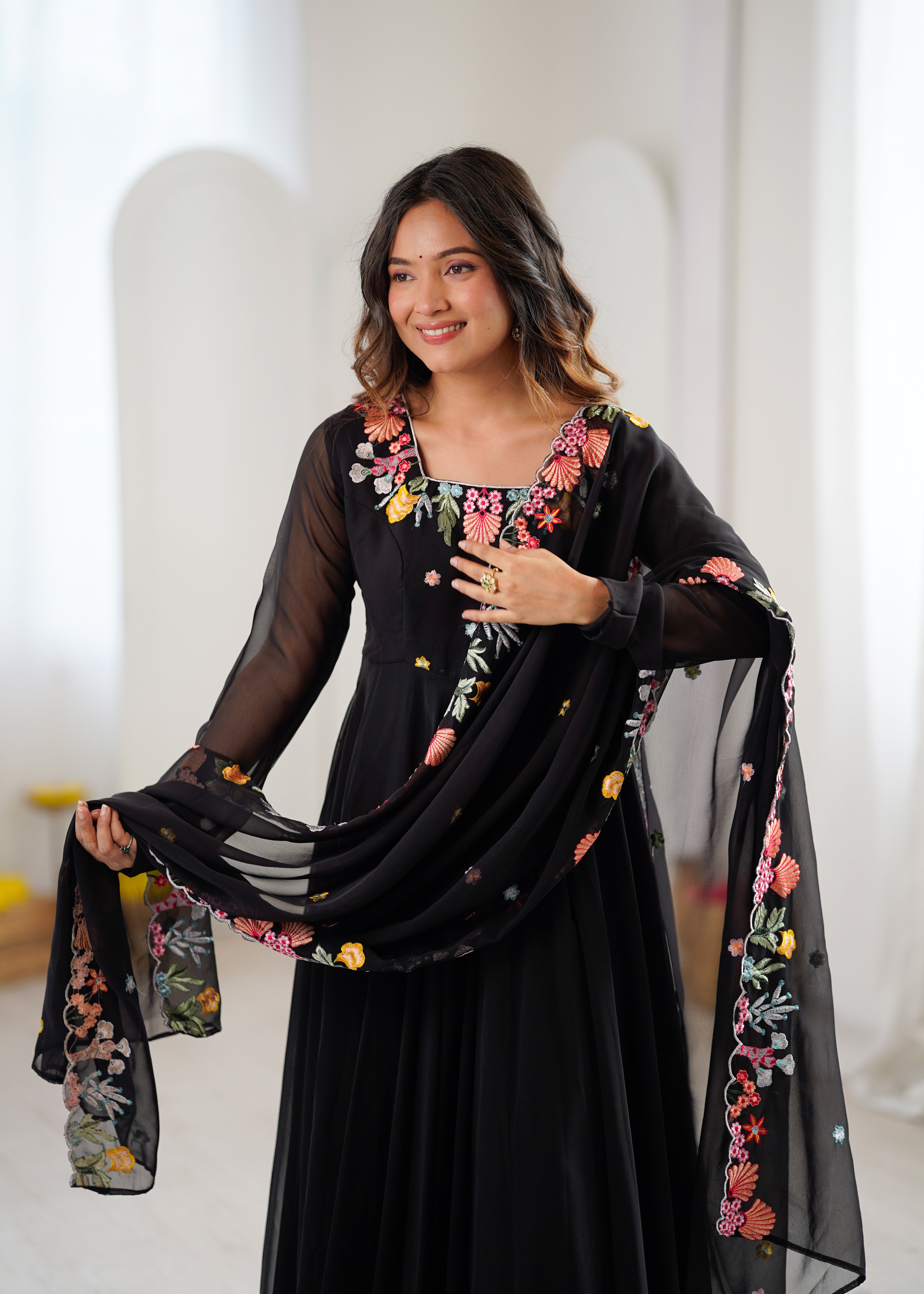 Classic Black Faux Georgette Embroidered Anarkali Gown Set with Dupatta