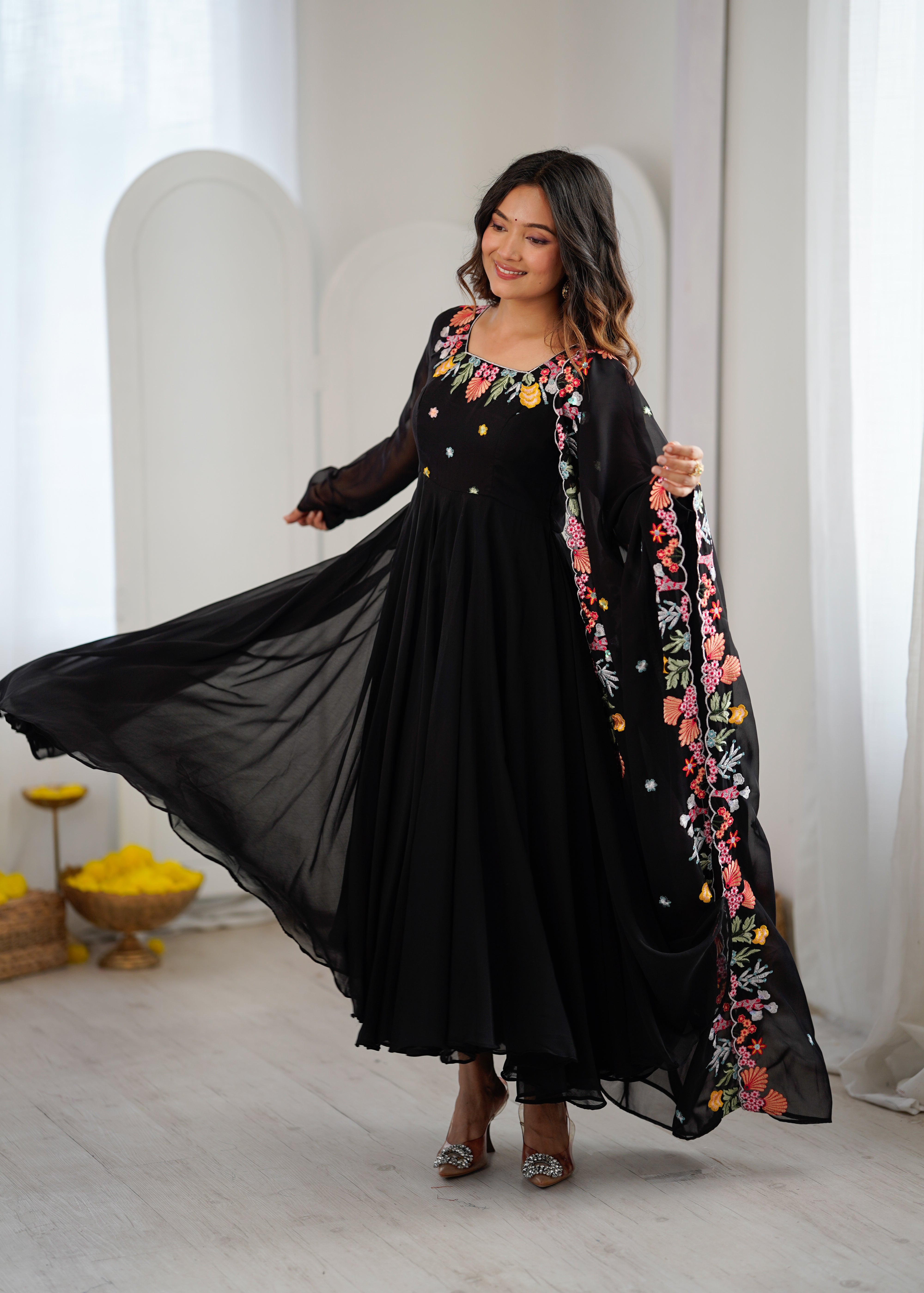 Classic Black Faux Georgette Embroidered Anarkali Gown Set with Dupatta