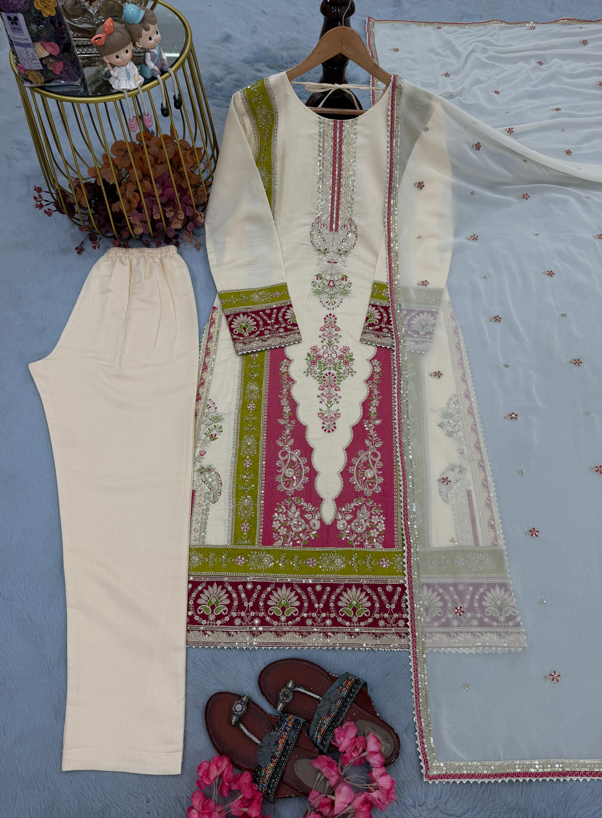 Ivory Cream Roman Silk Embroidered Suit Set with Ruby Red & Lime Green Detailing