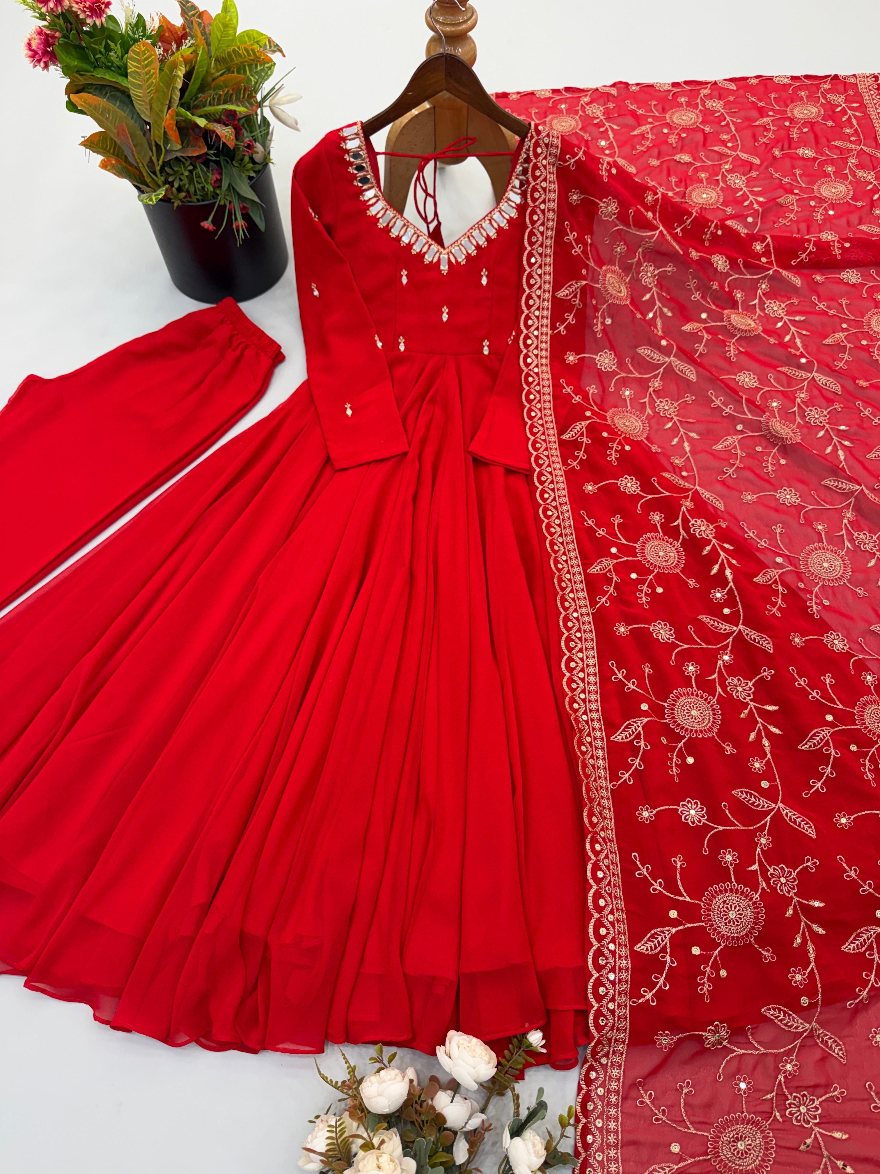 Ruby Red Faux Georgette Designer Anarkali Suit Set with Khatli Work, Real Mirror & Embroidered Dupatta