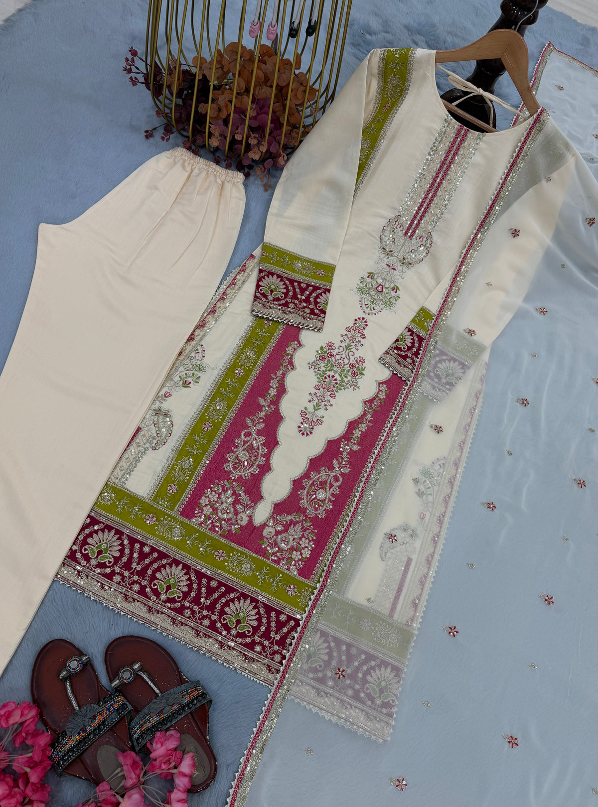 Ivory Cream Roman Silk Embroidered Suit Set with Ruby Red & Lime Green Detailing