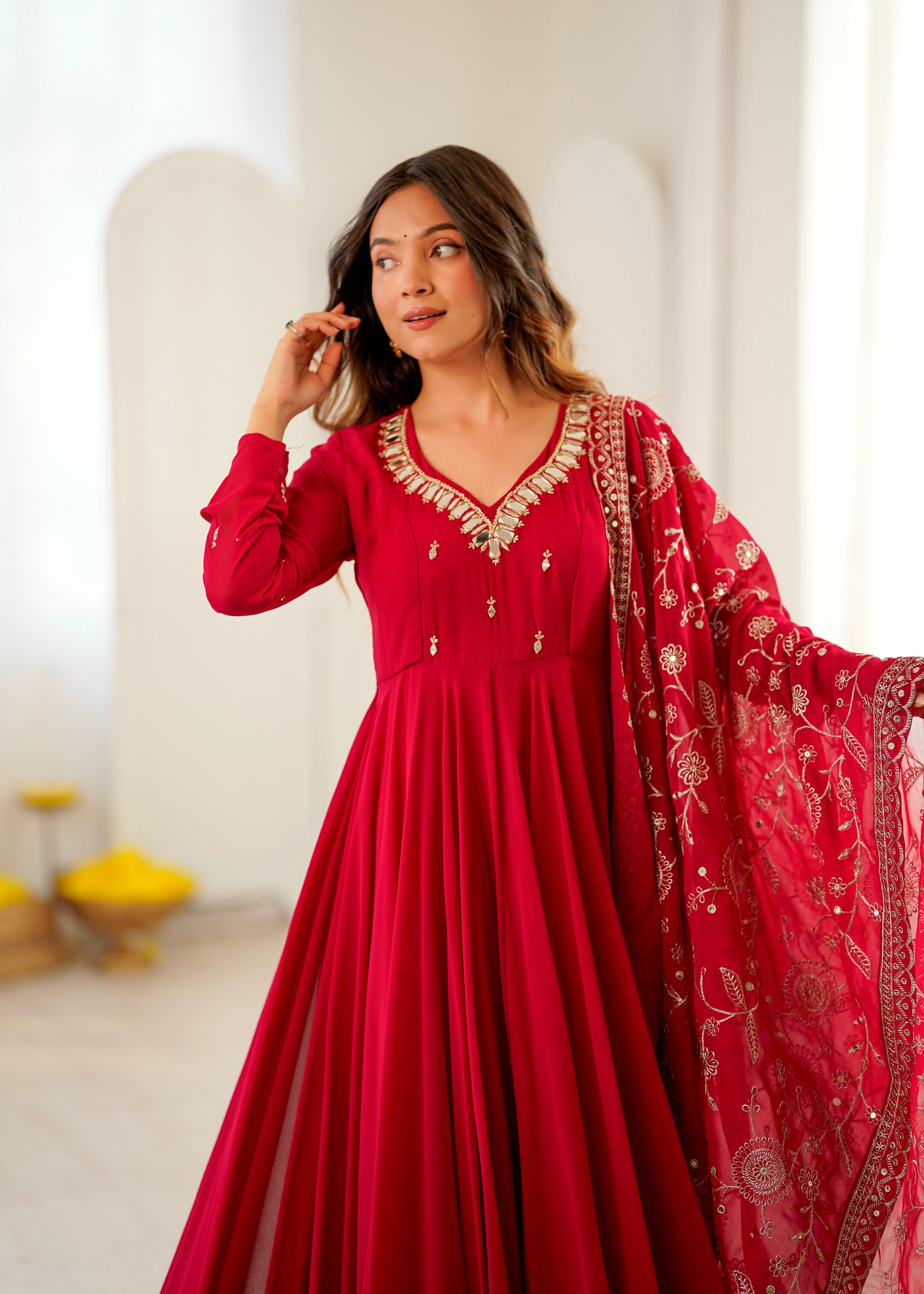 Ruby Red Faux Georgette Designer Anarkali Suit Set with Khatli Work, Real Mirror & Embroidered Dupatta