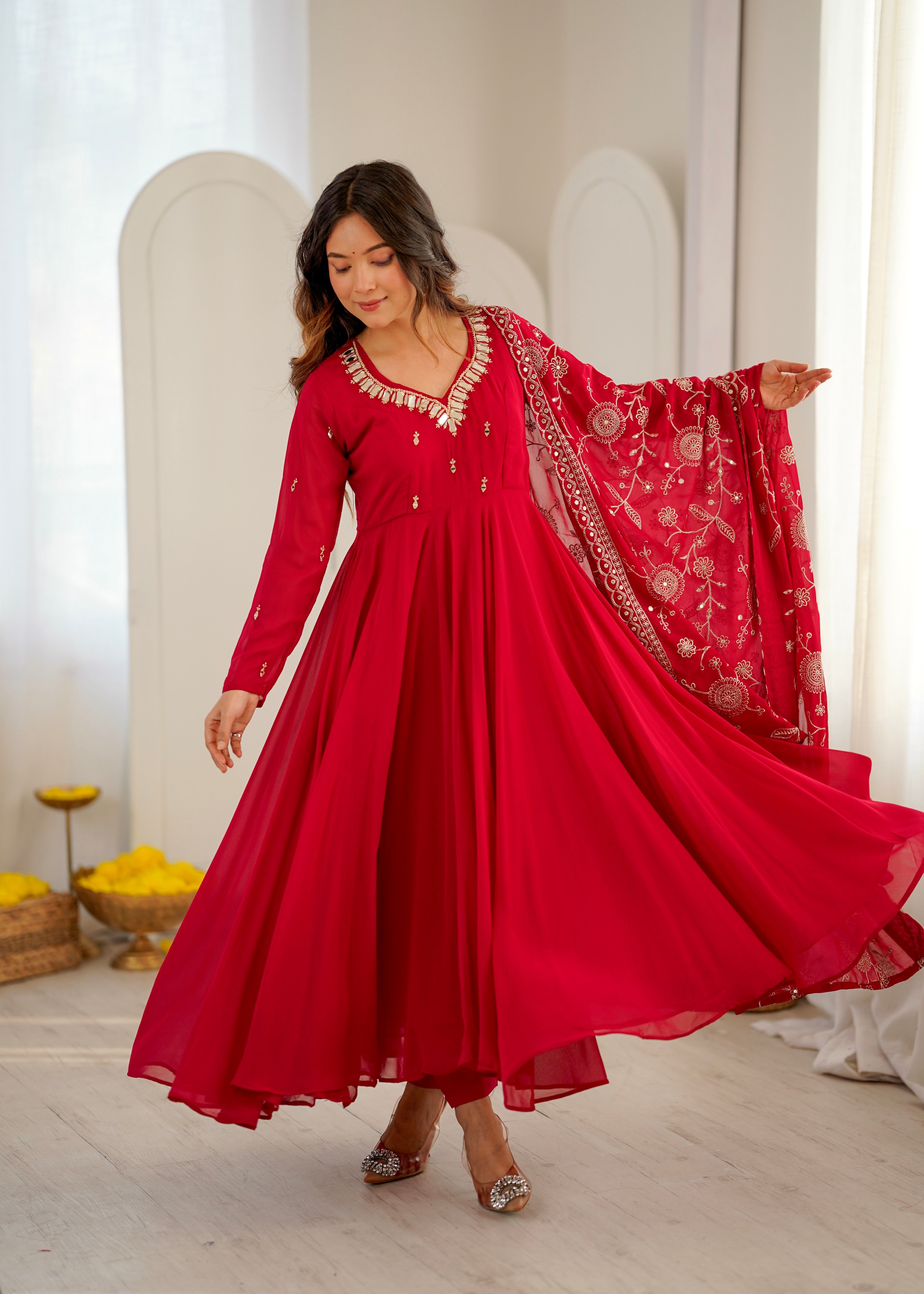 Ruby Red Faux Georgette Designer Anarkali Suit Set with Khatli Work, Real Mirror & Embroidered Dupatta