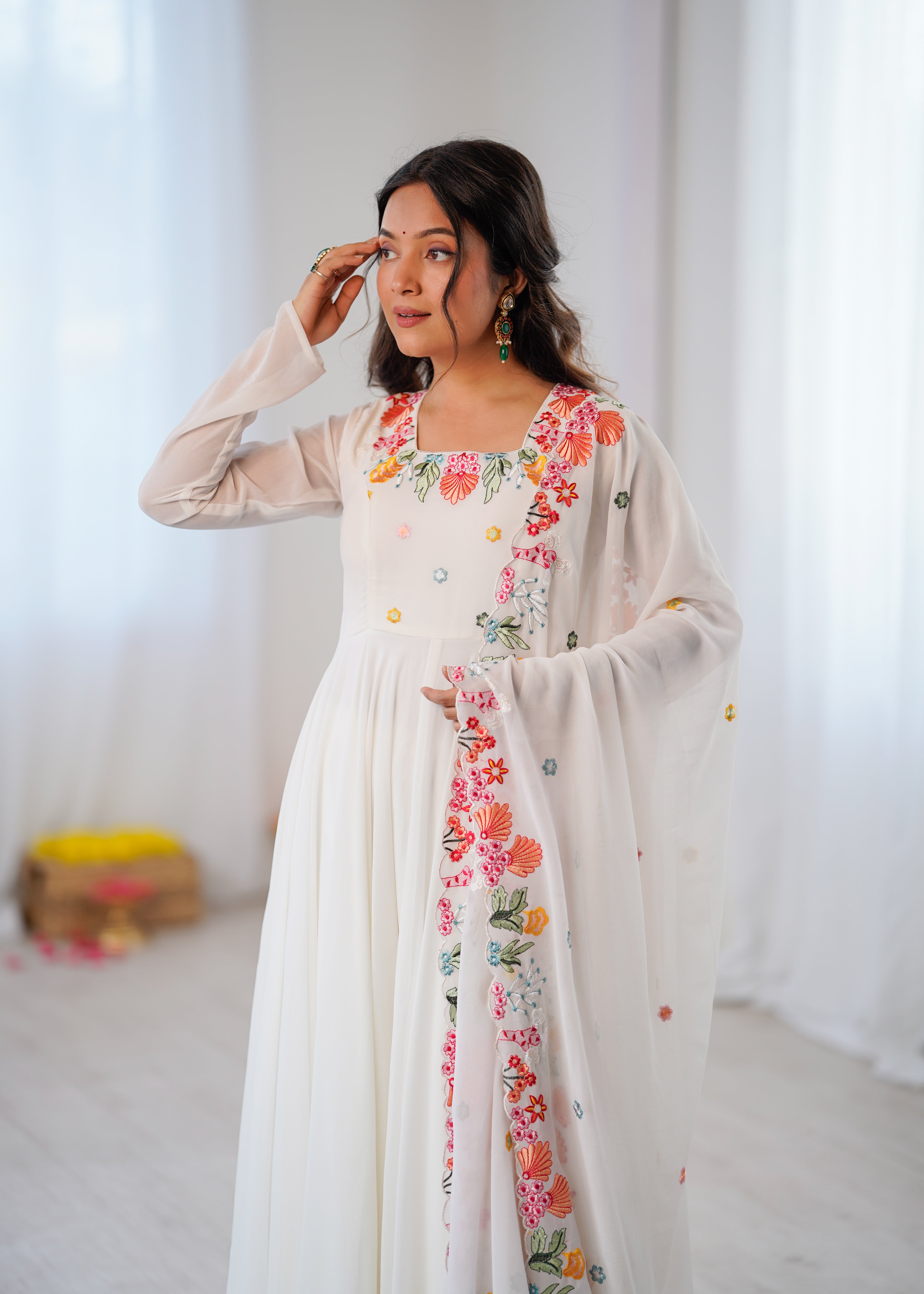 Ivory White Embroidered Faux Georgette Anarkali Gown Set with Dupatta